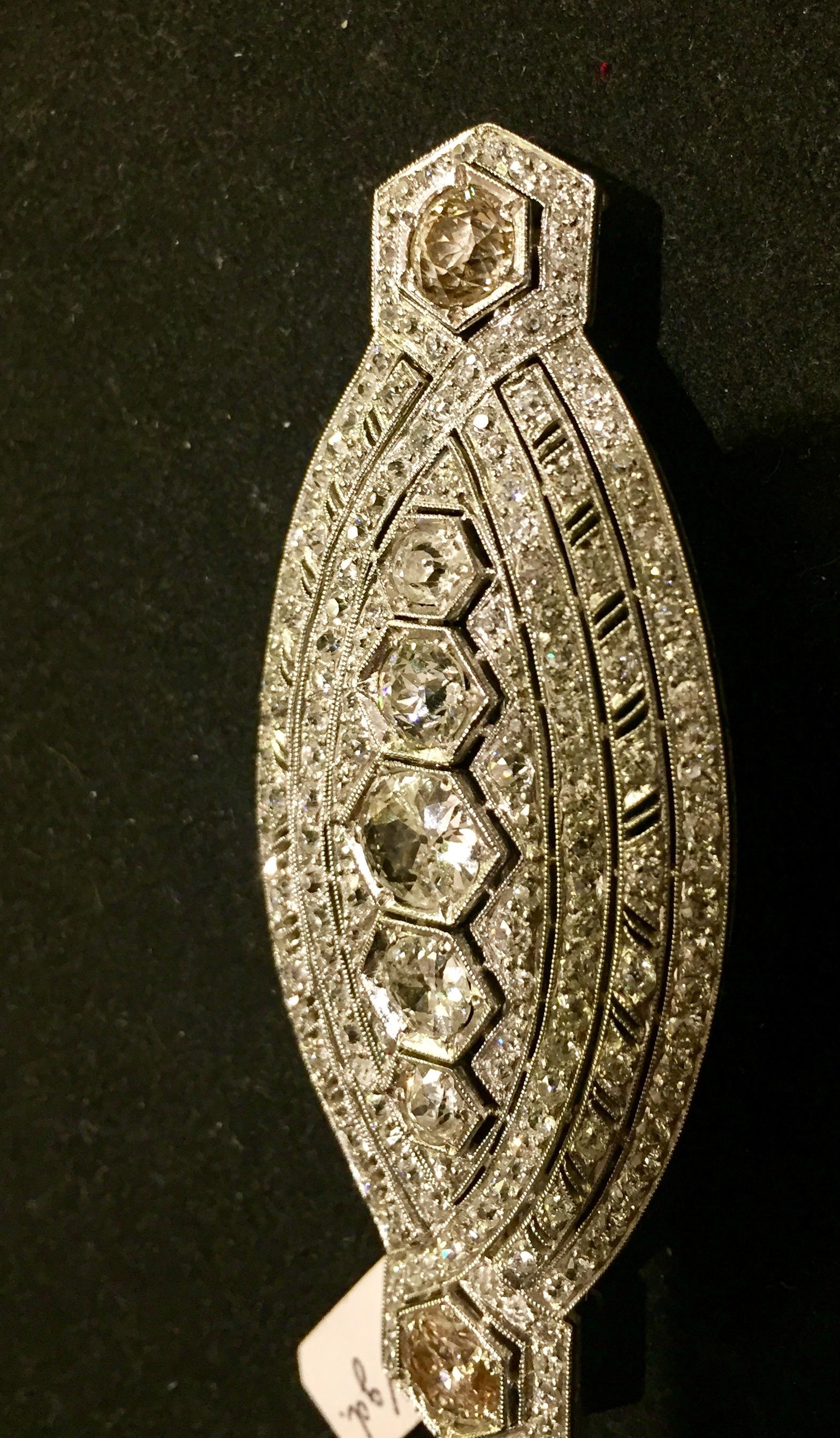 Round Cut Art Deco Platinum and Diamond Pendant or Brooch For Sale