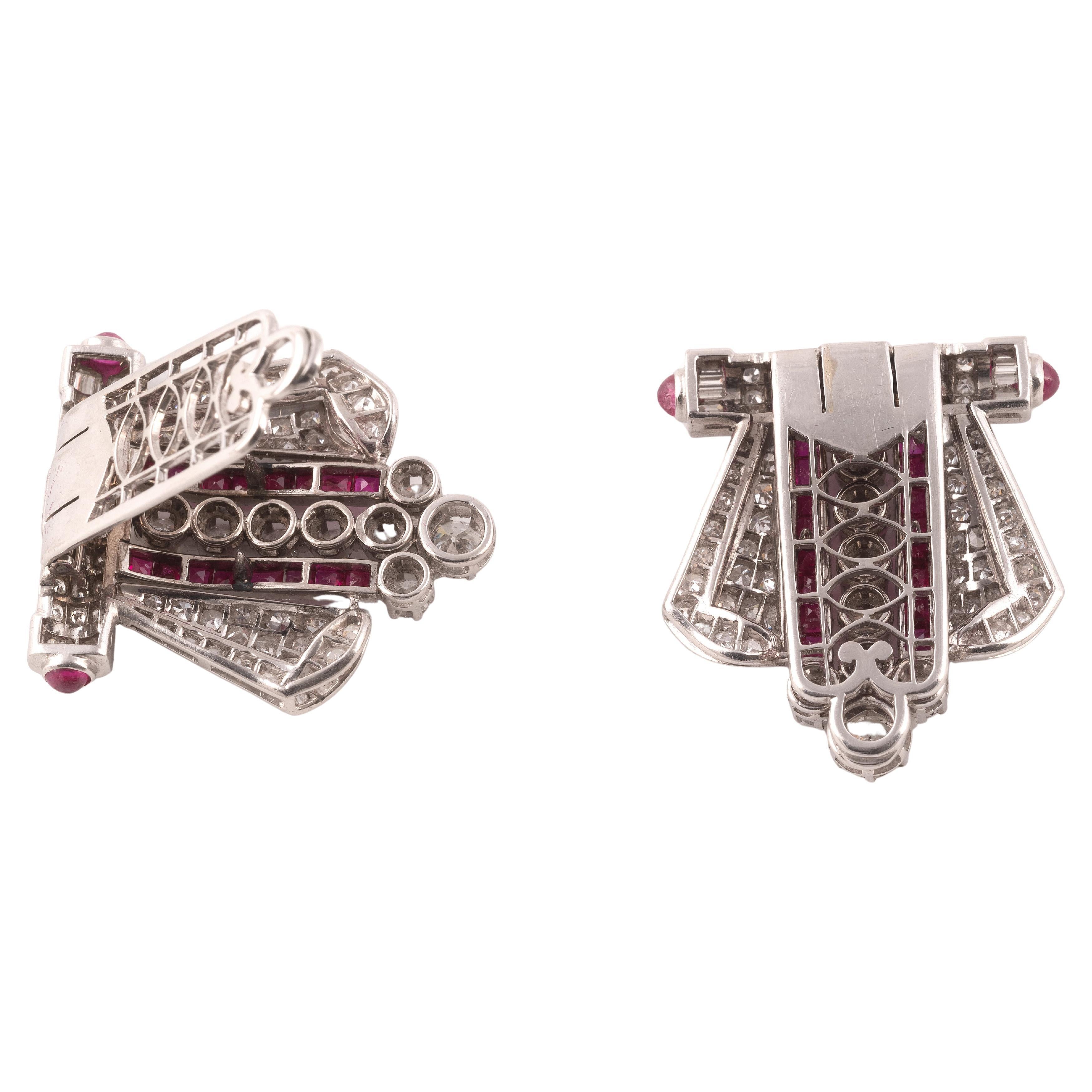 Old European Cut An Art Deco Platinum Diamond And Ruby Double Clip Brooch For Sale