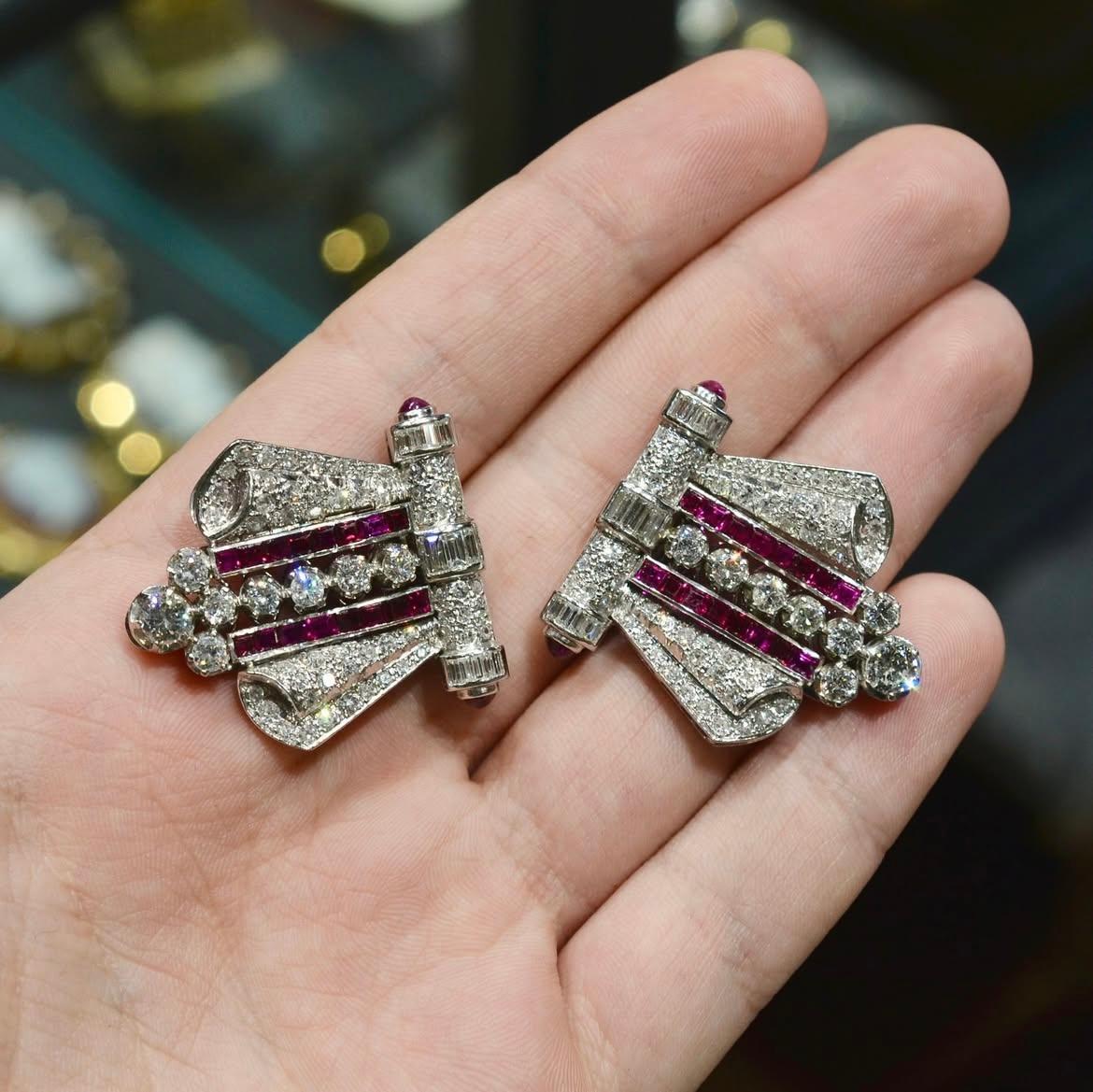 Women's or Men's An Art Deco Platinum Diamond And Ruby Double Clip Brooch For Sale