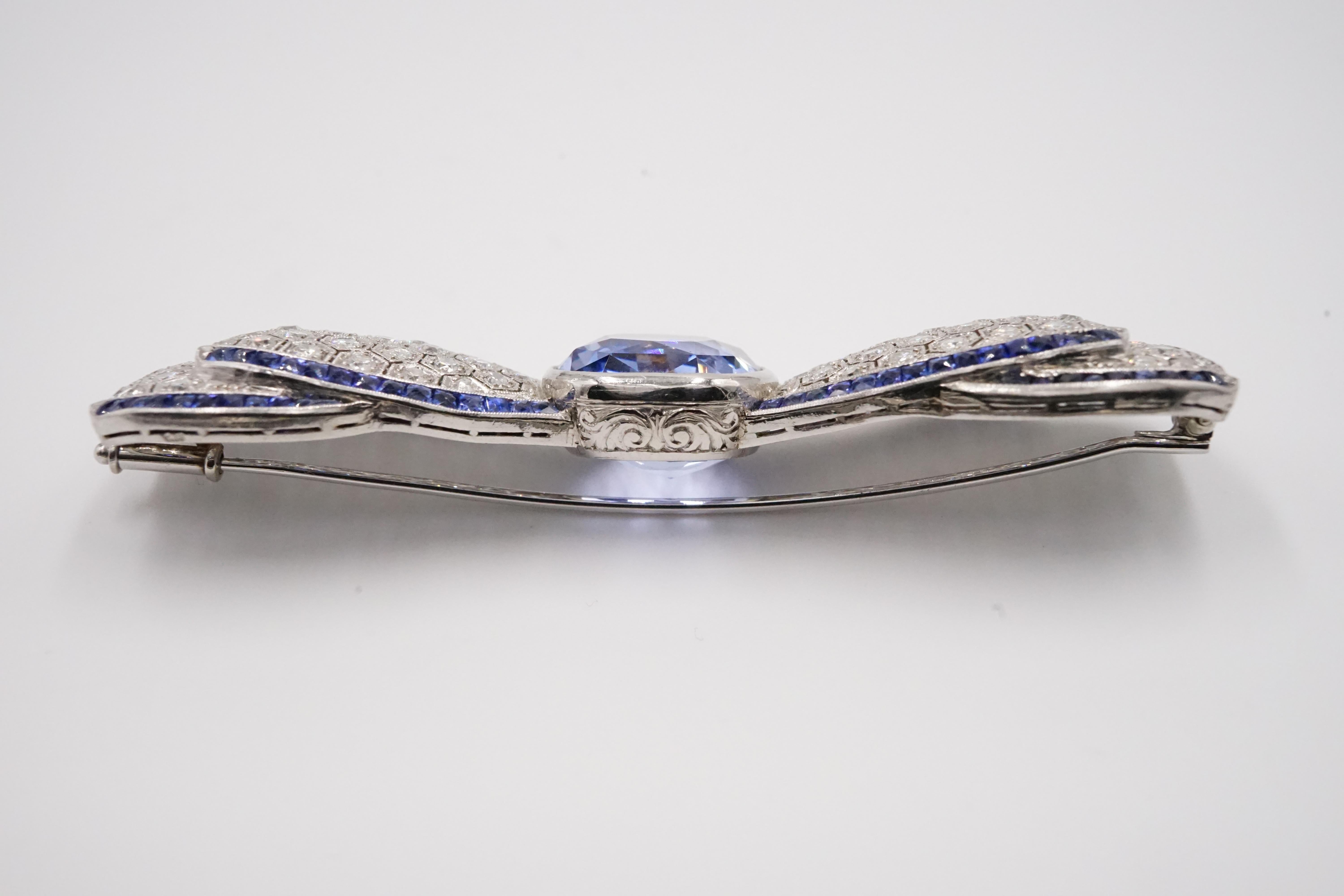 Old European Cut Art Deco Platinum, Natural Unheated Sapphire and Honeycomb Diamond Bow Brooch