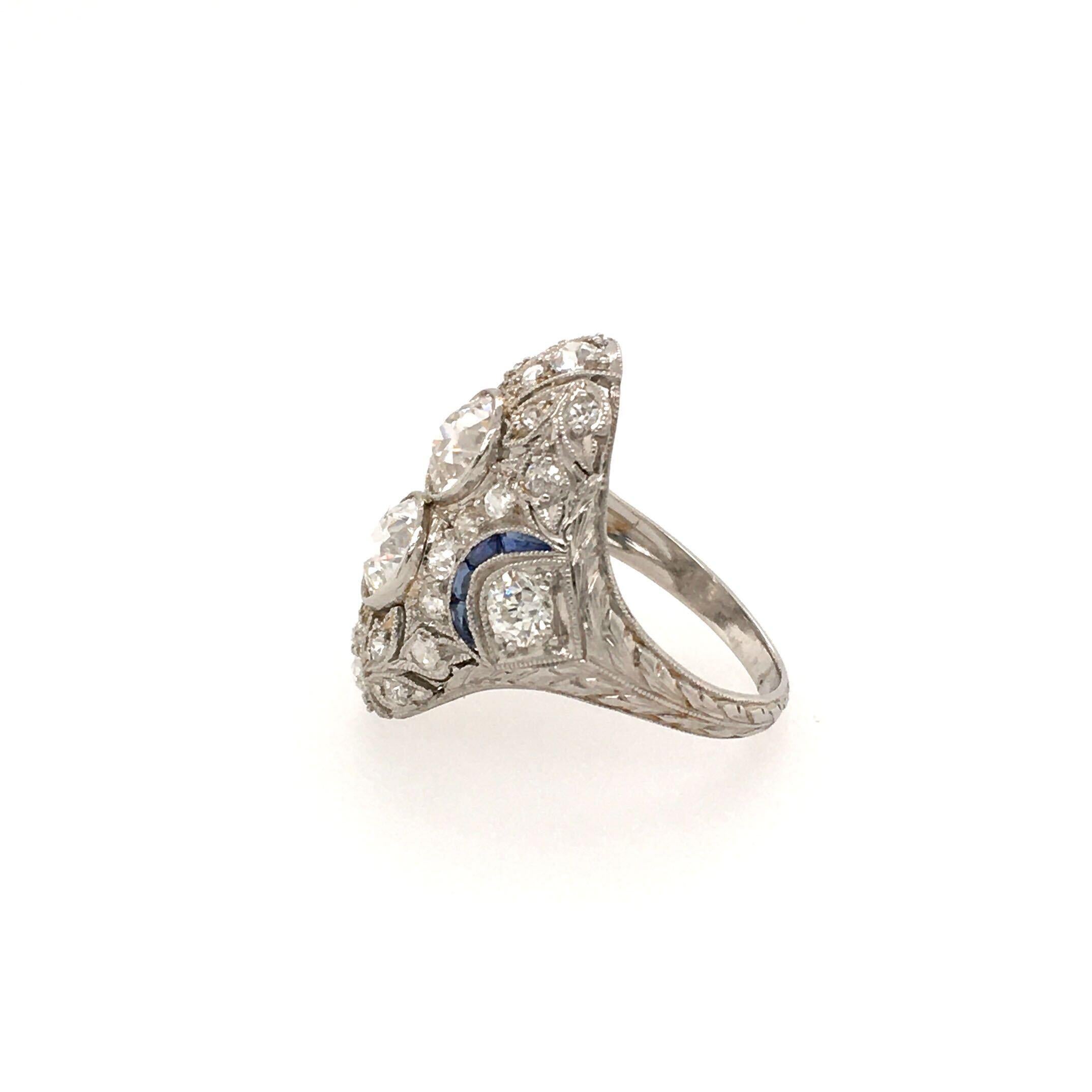 Old European Cut Art Deco Platinum, Sapphire and Diamond Ring