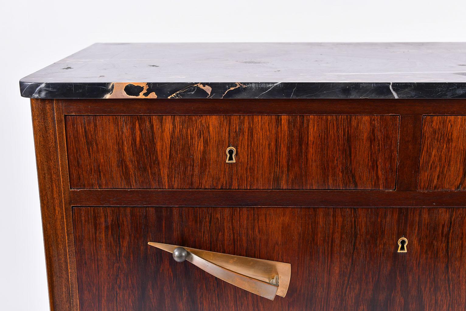Brass Art Deco Rosewood and Portoro Marble-Top Chest of Drawers