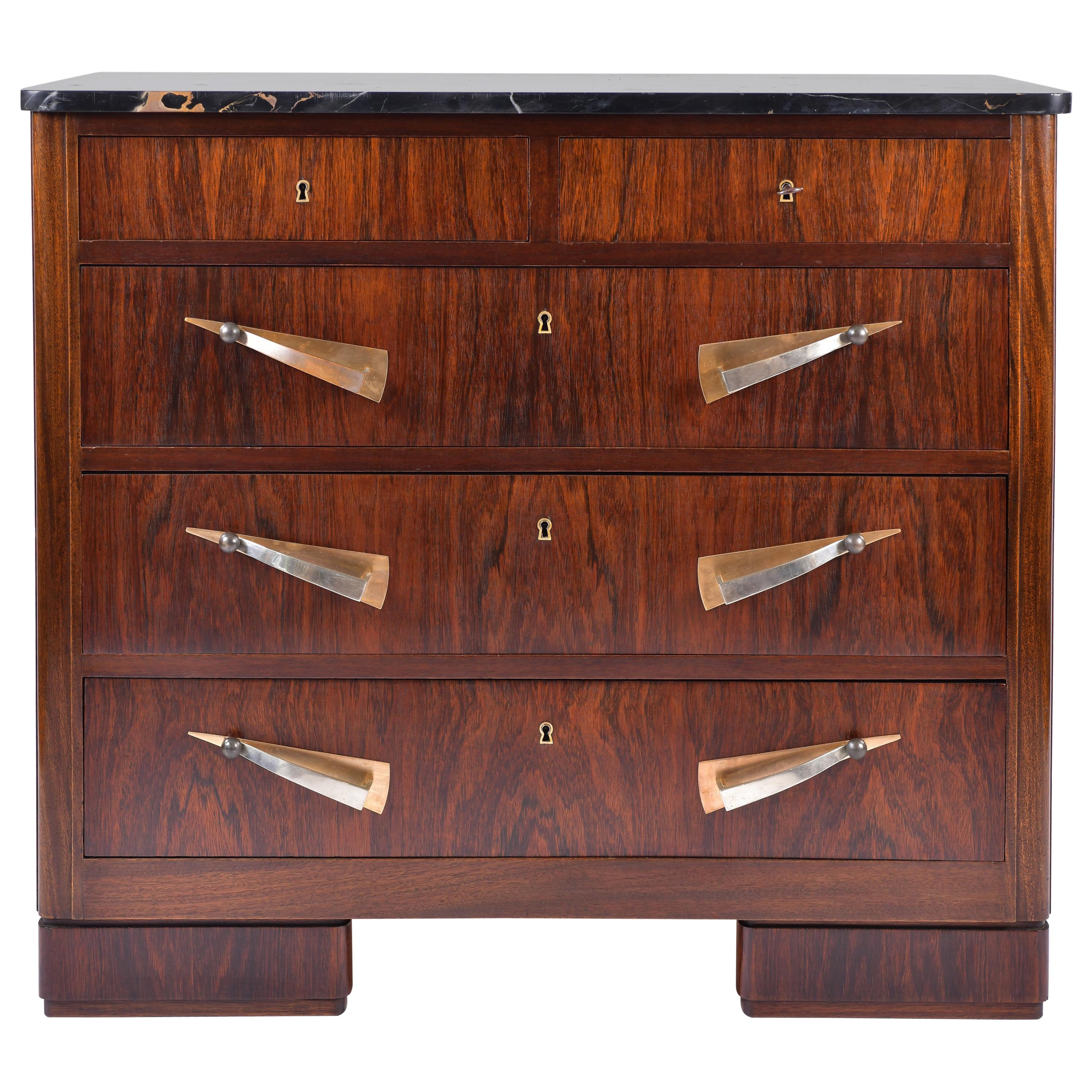 Art Deco Rosewood and Portoro Marble-Top Chest of Drawers