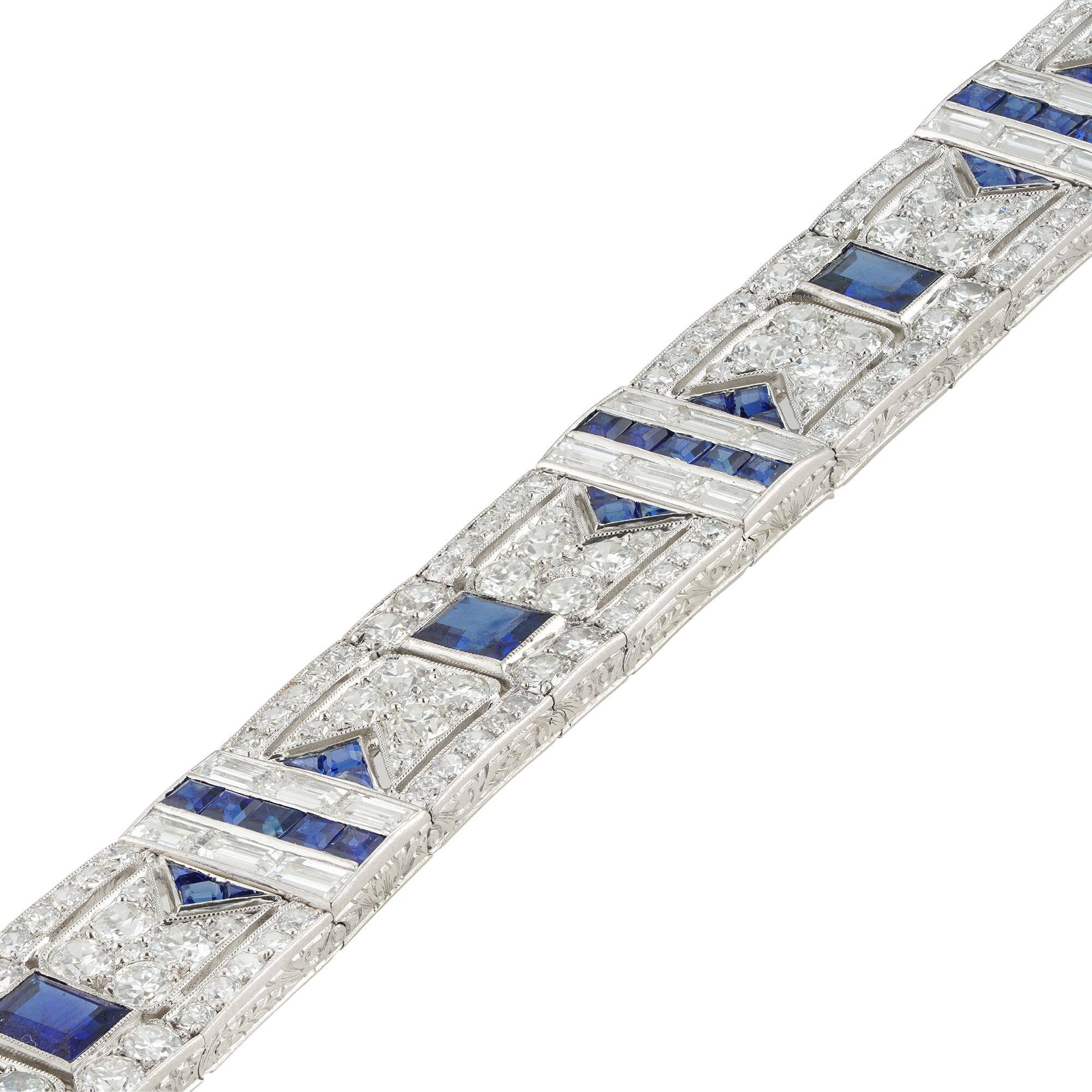 An Art Deco sapphire and diamond bracelet by Black, Starr & Frost, consisting of five openwork flexible panels each centrally-set with a rectangular step-cut sapphire accented by old European-cut diamonds and two triangular motifs set with