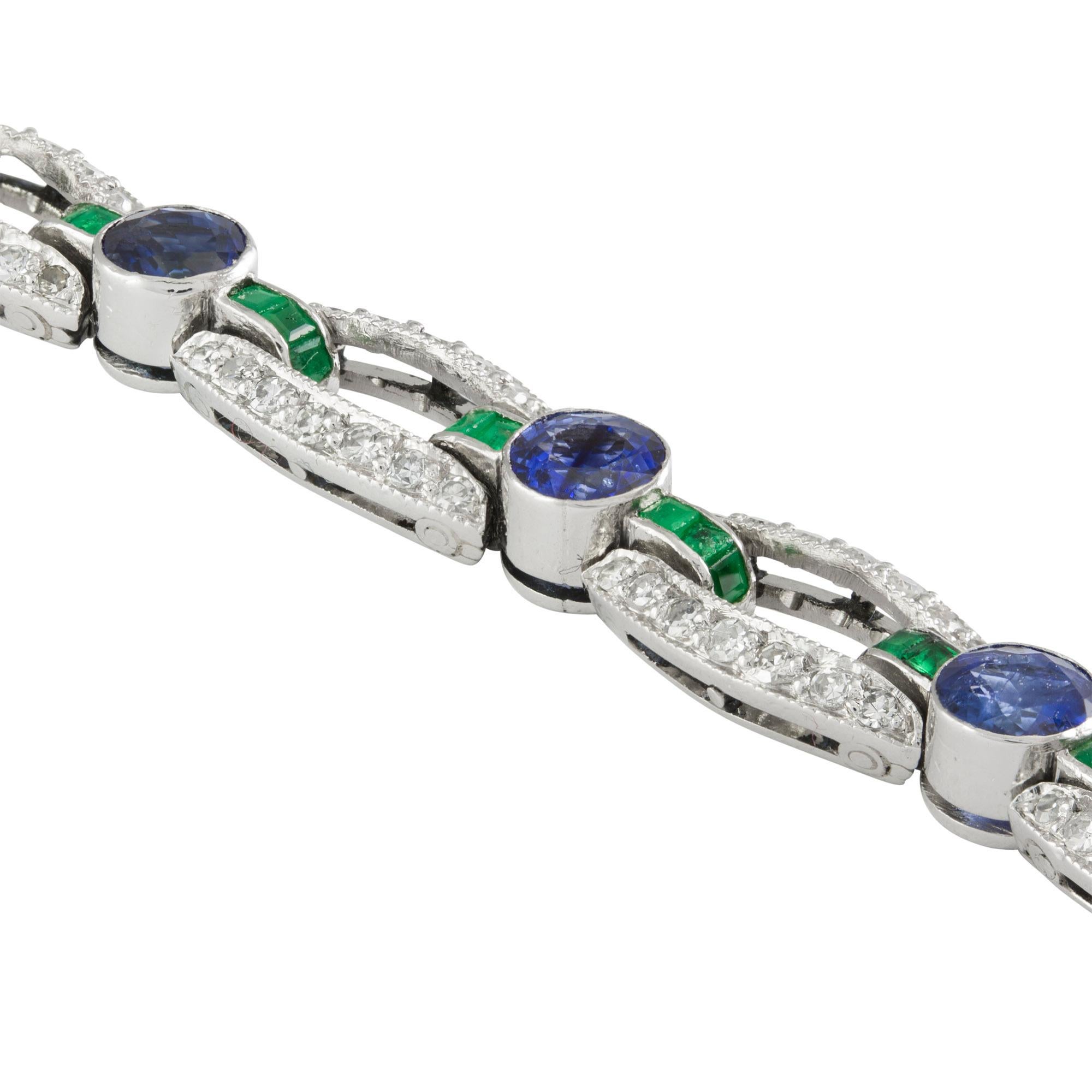 Brilliant Cut An Art Deco Sapphire, Emerald And Diamond Bracelet