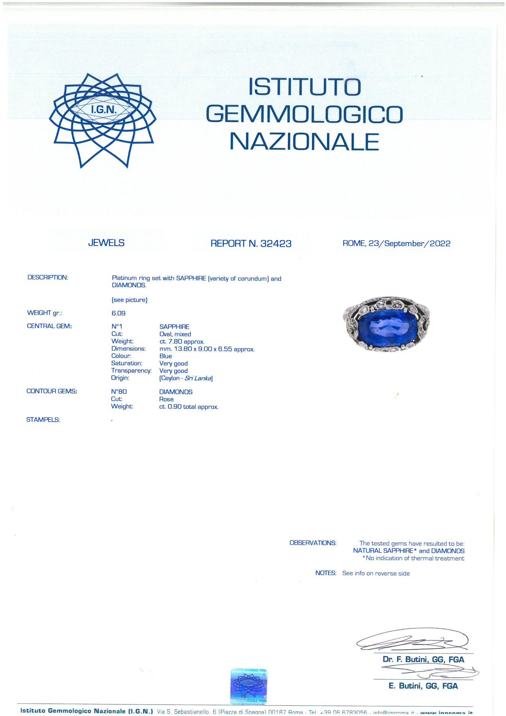 The oval-shaped sapphire, weighing 7.80 carats, within a pierced floral gallery millegrain-set with single and rose-cut diamonds, mounted in platinum
Ring size 8
Weight: 6gr.

Accompanied by a certificate from the IGN Laboratory of Italy, stating