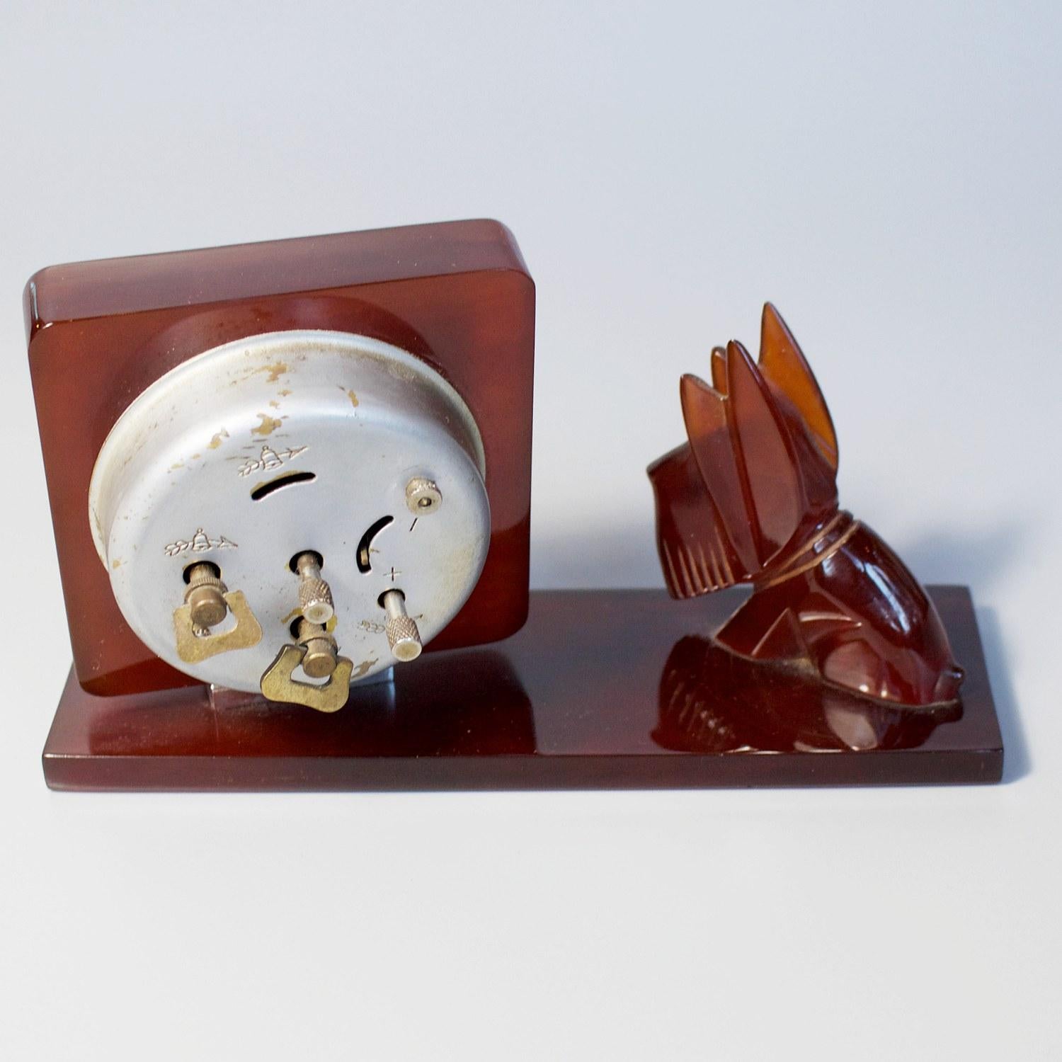 Mid-20th Century Art Deco Scottie Dog Desk Clock by Bayard Amber Bakelite French, circa 1930