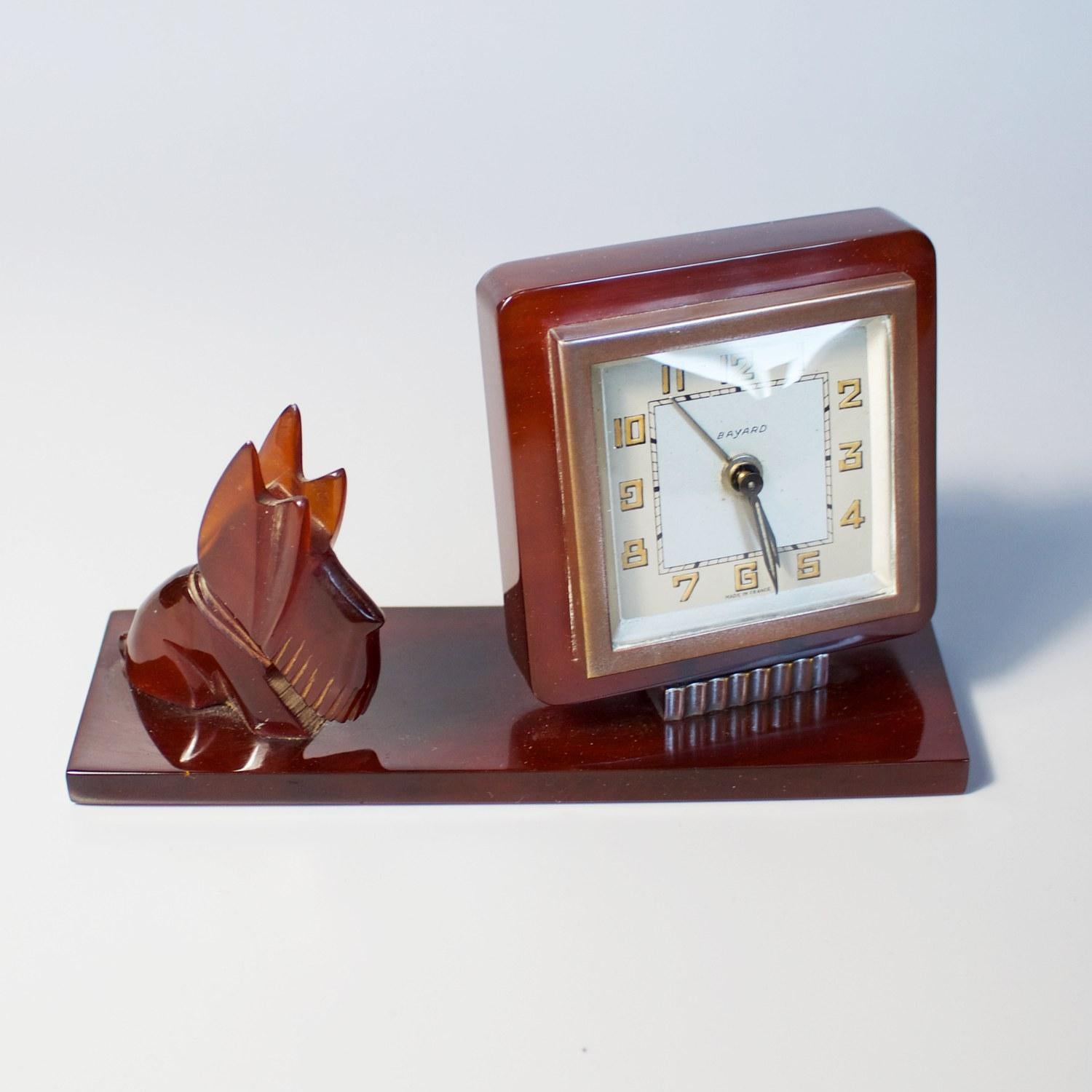 Art Deco Scottie Dog Desk Clock by Bayard Amber Bakelite French, circa 1930 2
