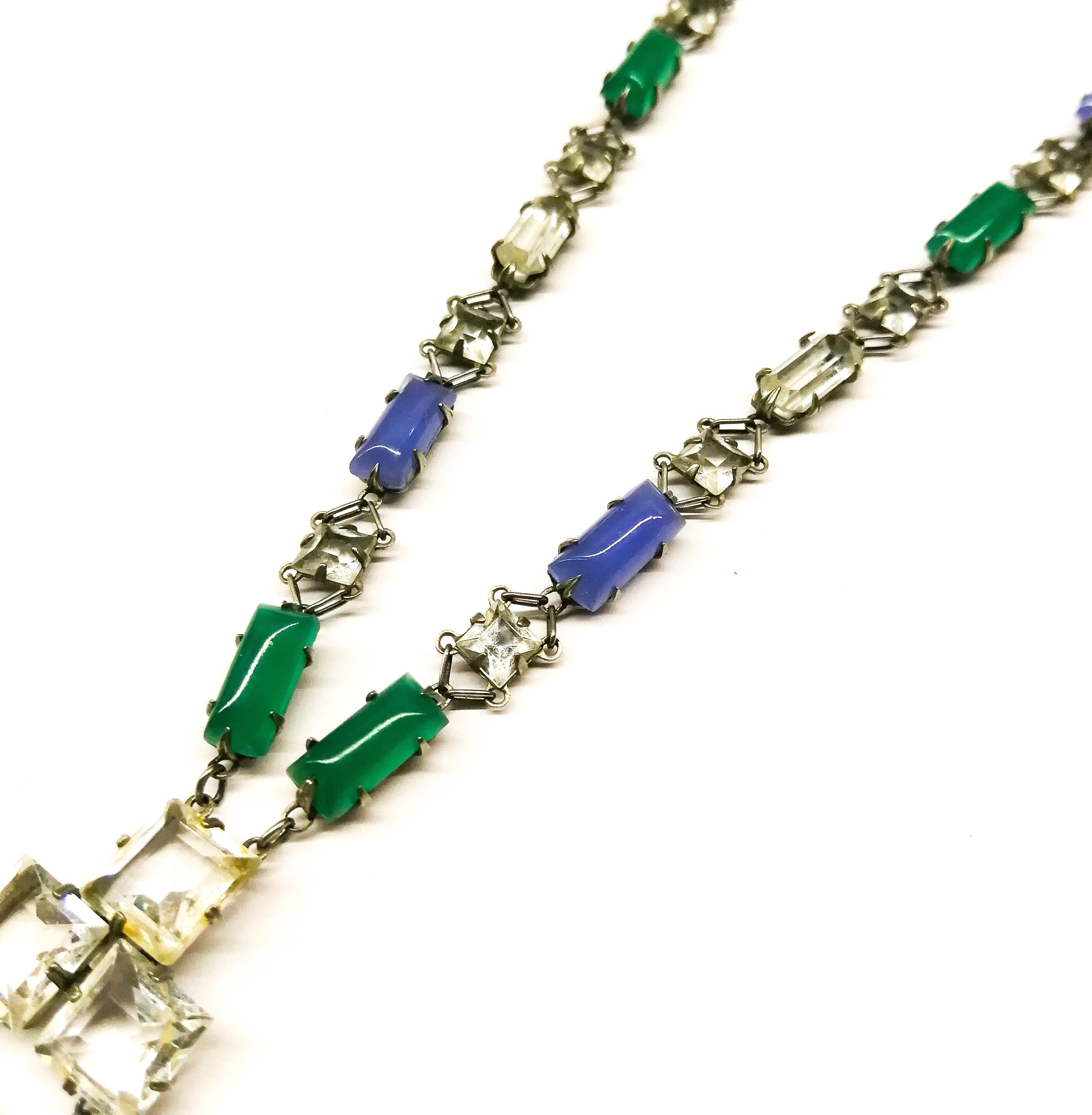 An Art Deco silver metal, green and blue chalcedony glass , clear paste necklace, For Sale 6