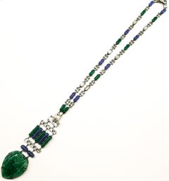 An Art Deco silver metal, green and blue chalcedony glass , clear paste necklace