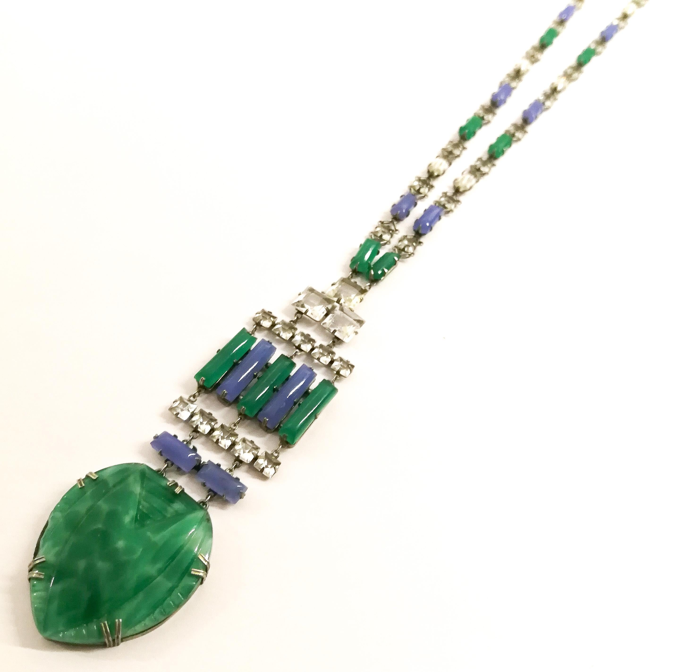 Women's An Art Deco silver metal, green and blue chalcedony glass , clear paste necklace, For Sale