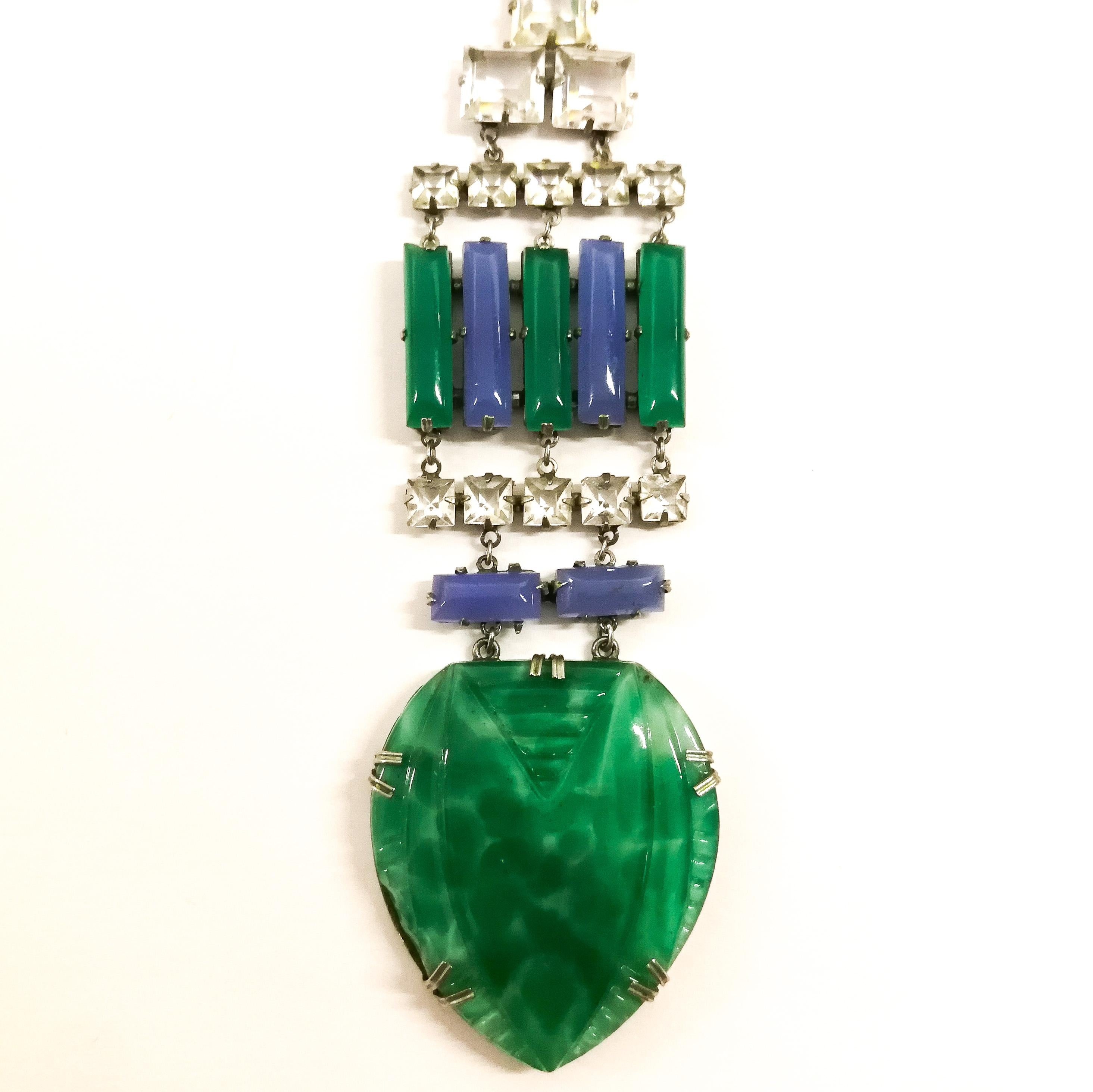 An Art Deco silver metal, green and blue chalcedony glass , clear paste necklace, For Sale 4