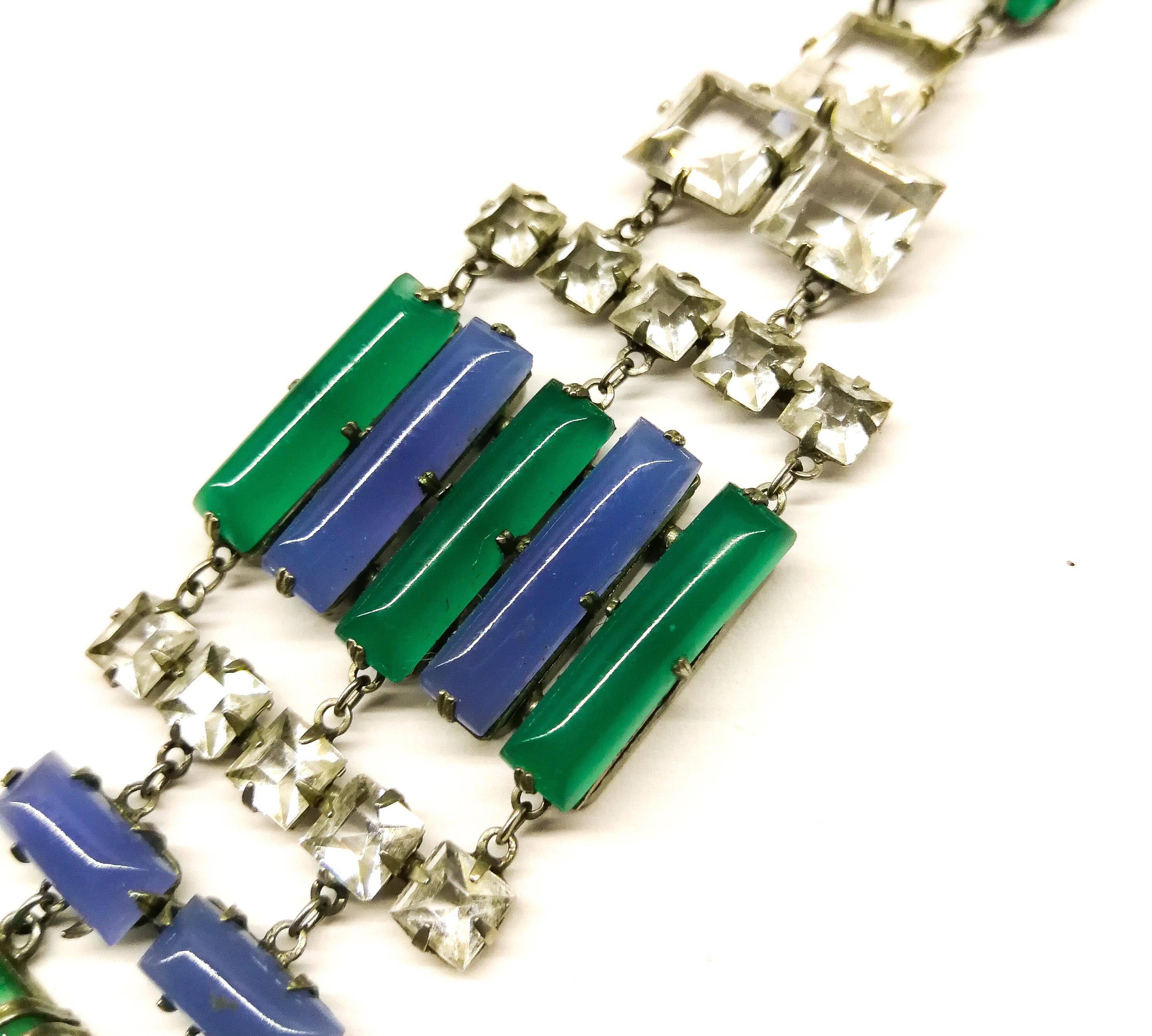 An Art Deco silver metal, green and blue chalcedony glass , clear paste necklace, For Sale 5