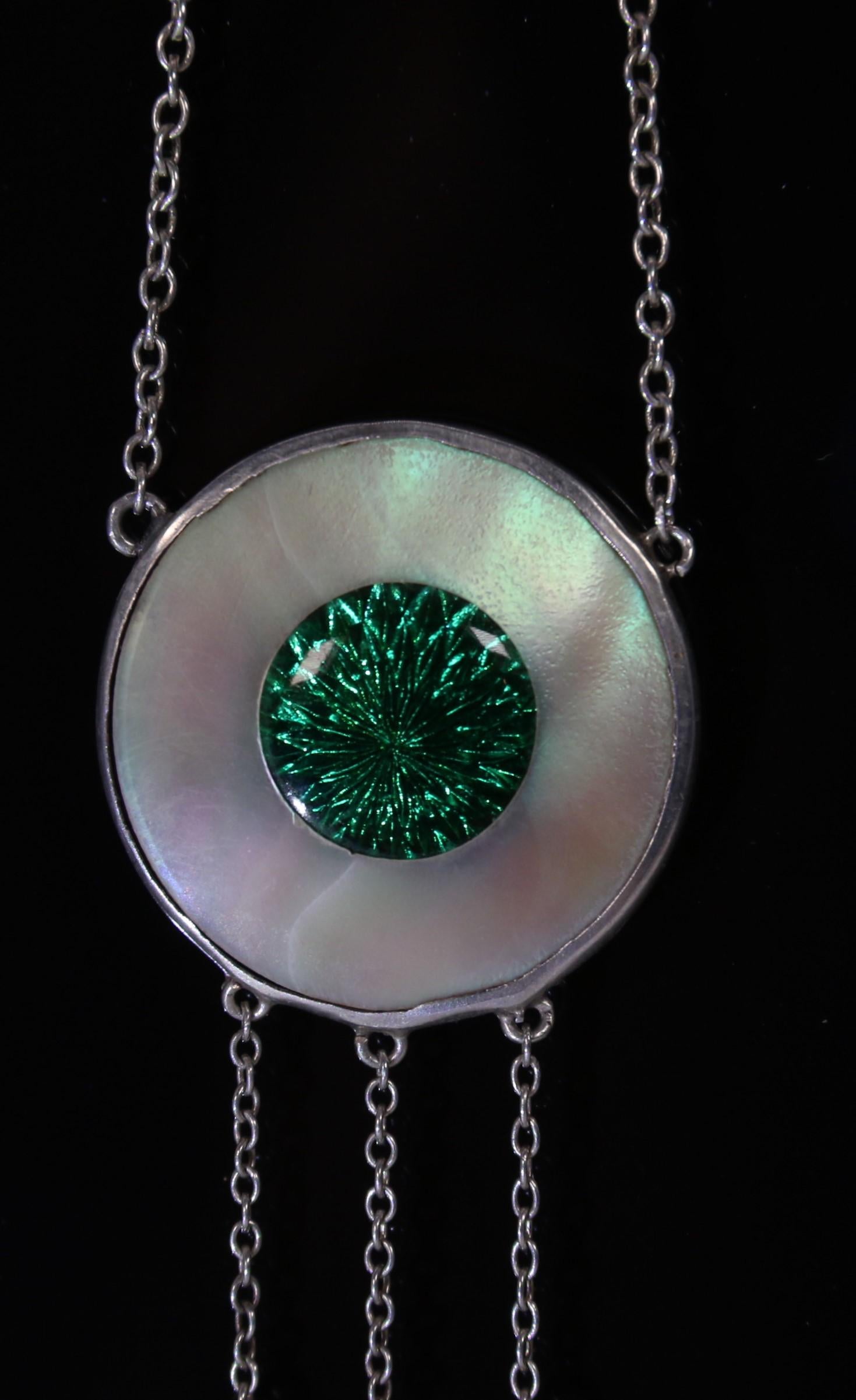 English An Art Deco silver mother of pearl green enamel necklace/pendant circa 1920