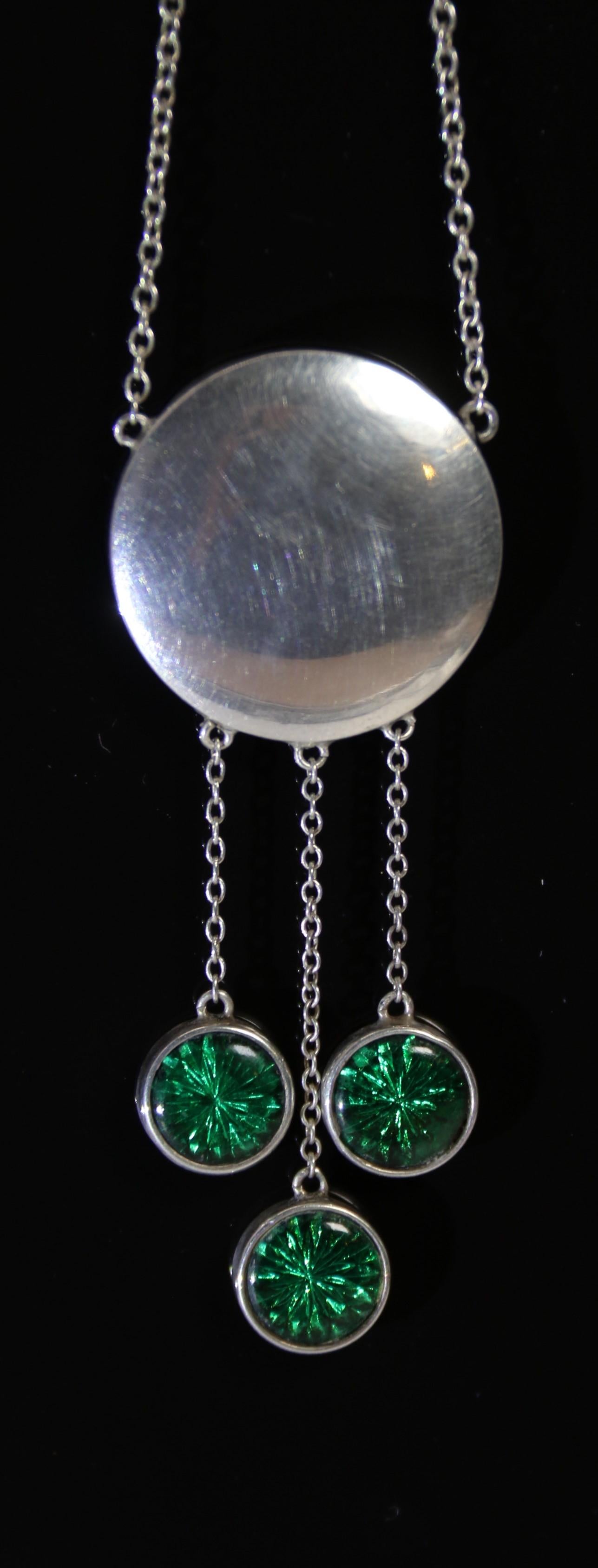 Hand-Crafted An Art Deco silver mother of pearl green enamel necklace/pendant circa 1920