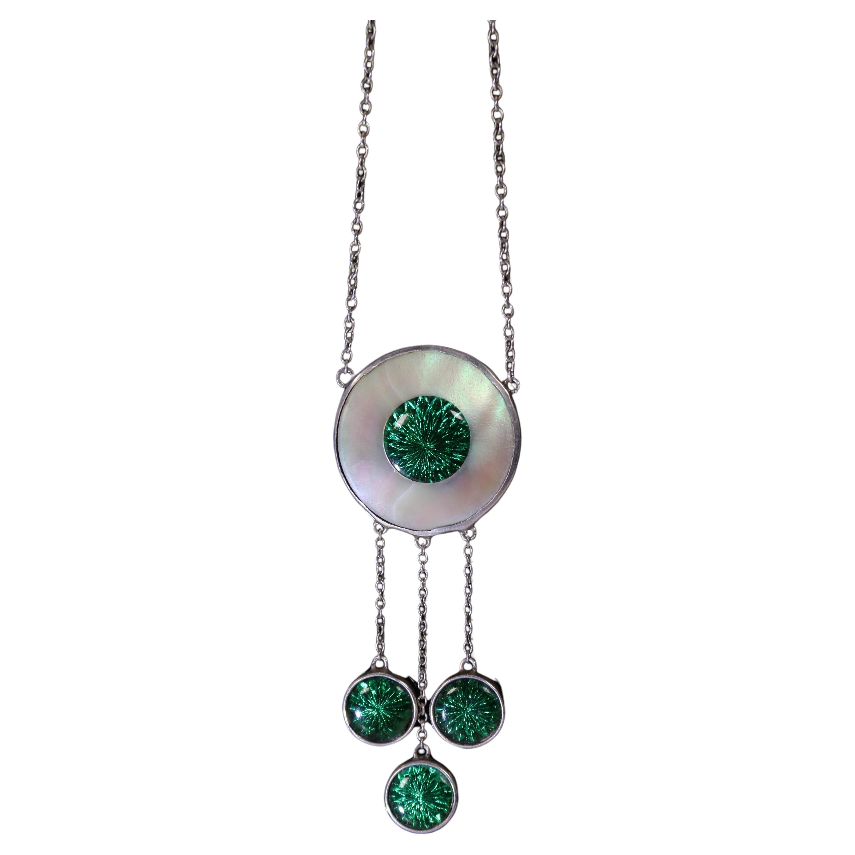 An Art Deco silver mother of pearl green enamel necklace/pendant circa 1920