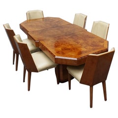 Art Deco Six Seat Extendable Burr Walnut Dining Suite, Circa 1935