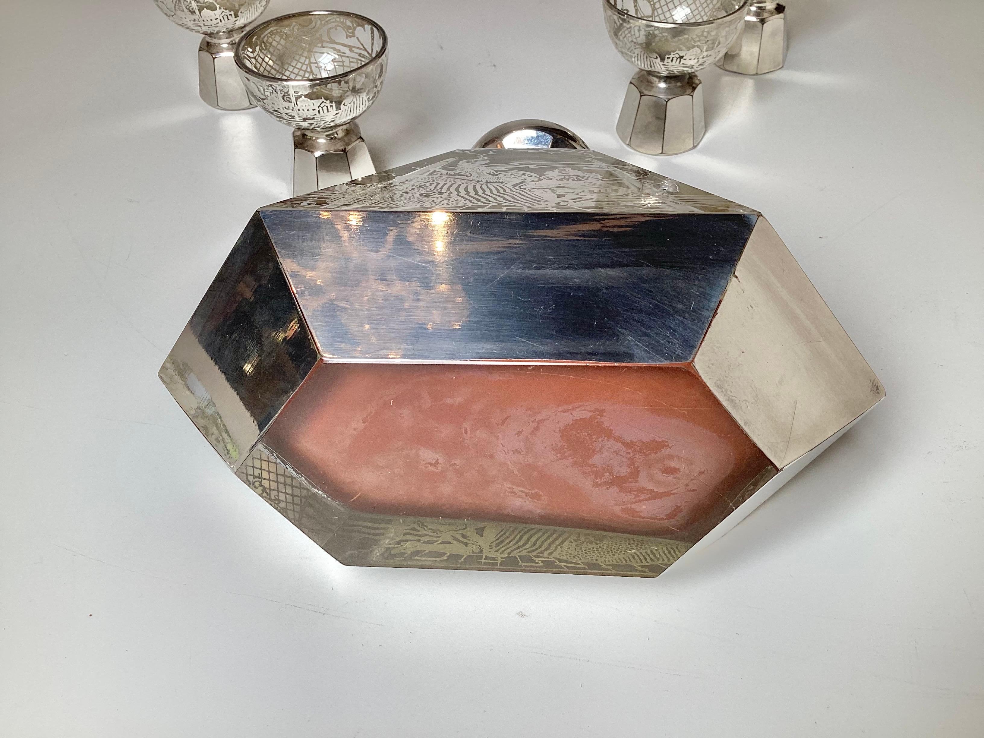 An Art Deco Sterling Silver Overlay Cordial Decanter Set 1920's For Sale 5