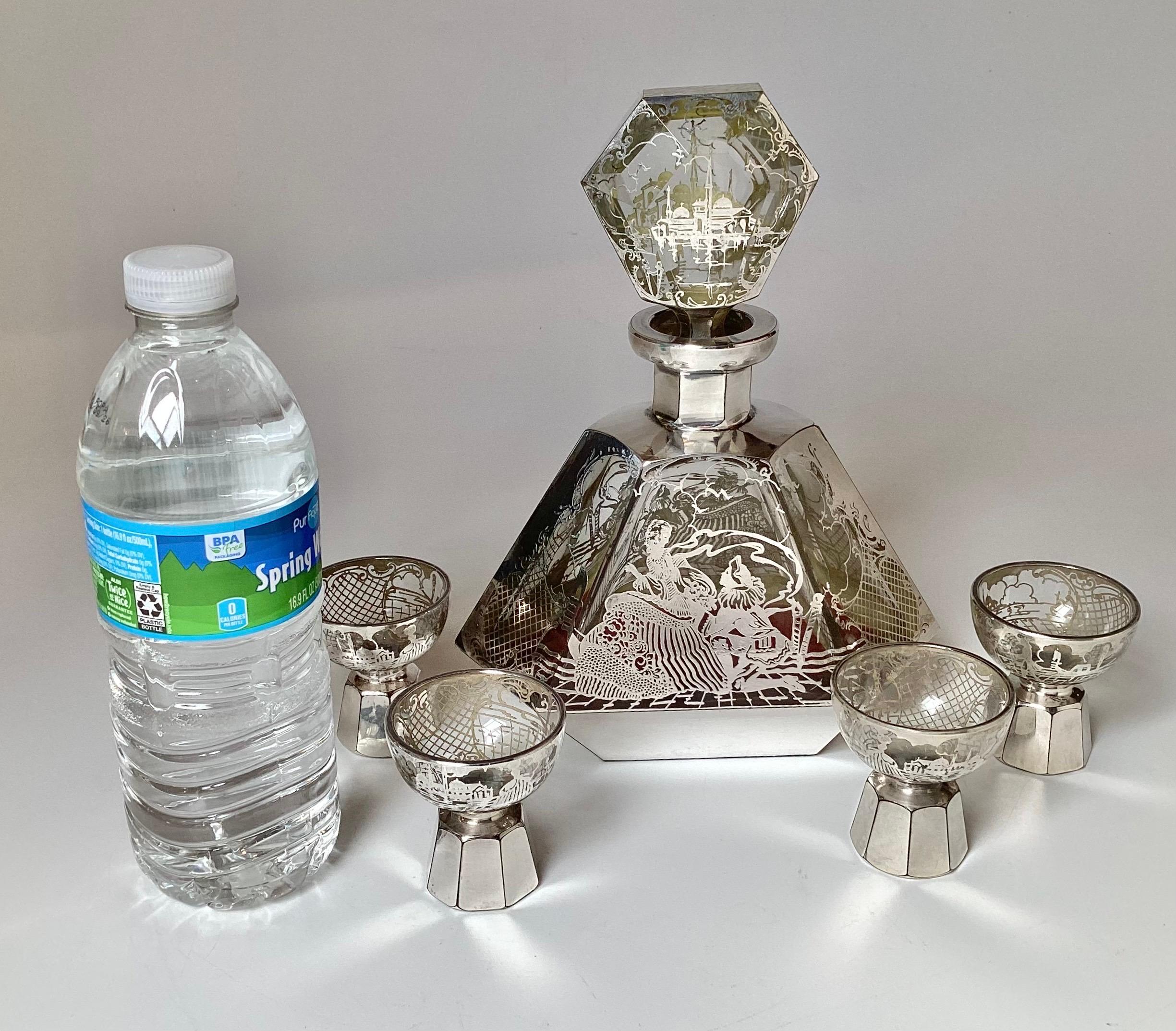 An Art Deco Sterling Silver Overlay Cordial Decanter Set 1920's In Good Condition For Sale In Lambertville, NJ