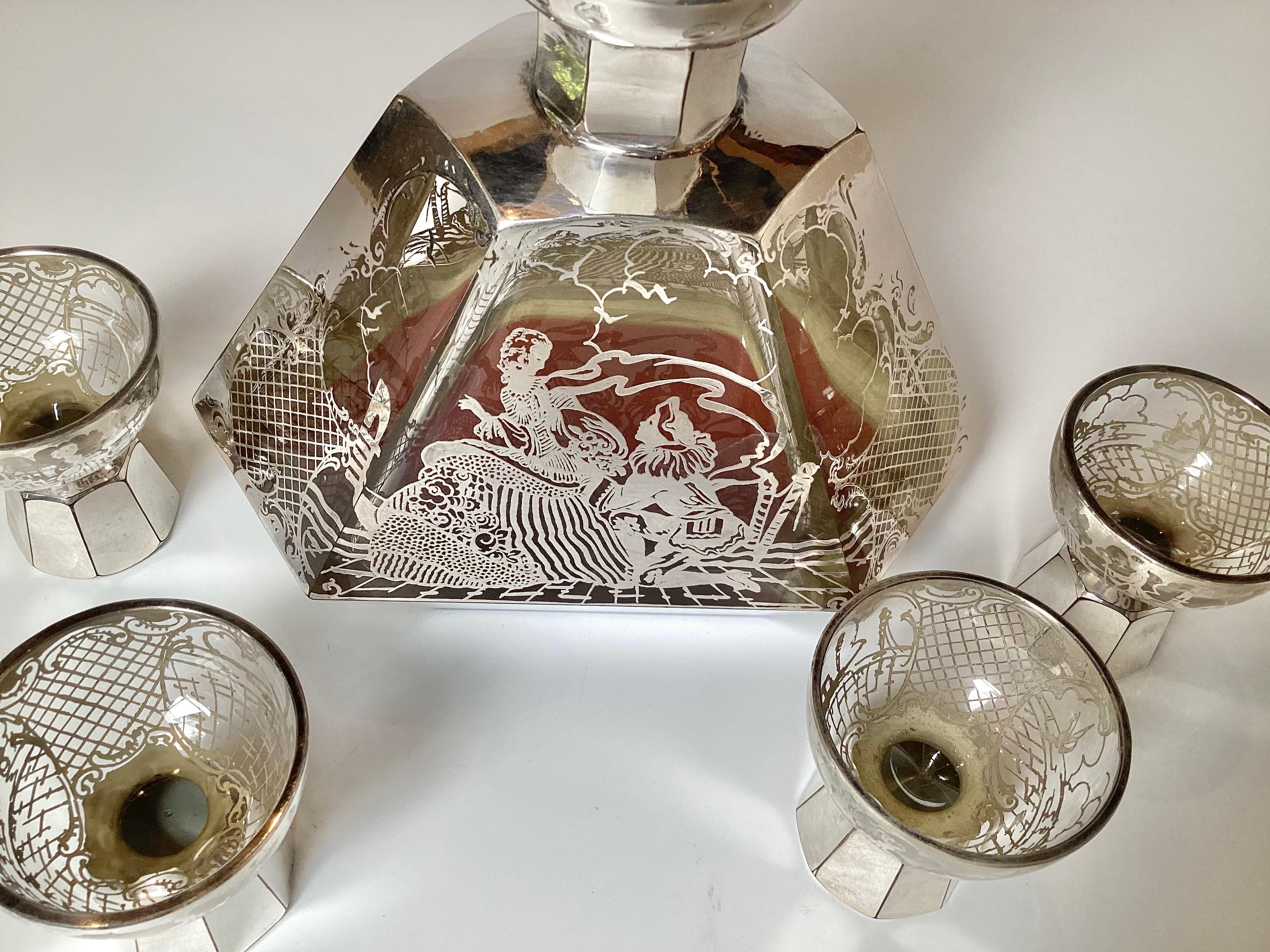 Early 20th Century An Art Deco Sterling Silver Overlay Cordial Decanter Set 1920's For Sale