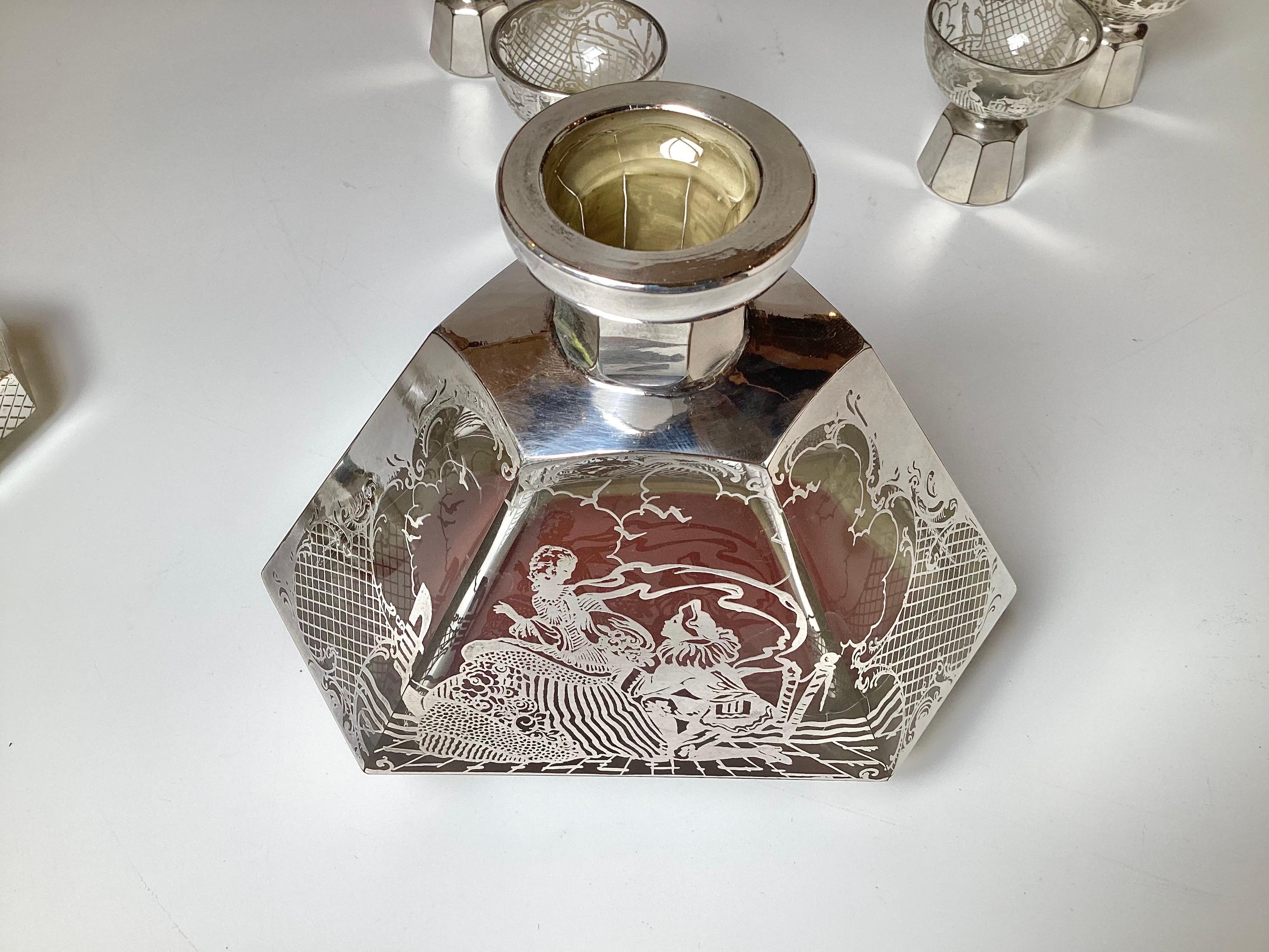 An Art Deco Sterling Silver Overlay Cordial Decanter Set 1920's For Sale 3