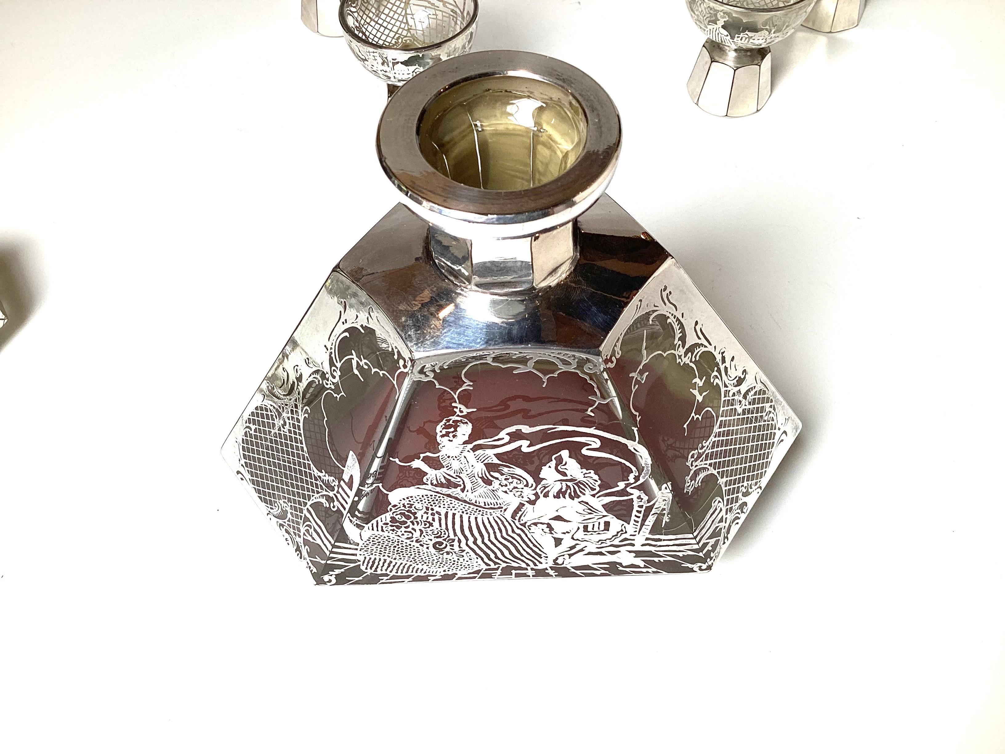 An Art Deco Sterling Silver Overlay Cordial Decanter Set 1920's For Sale 4
