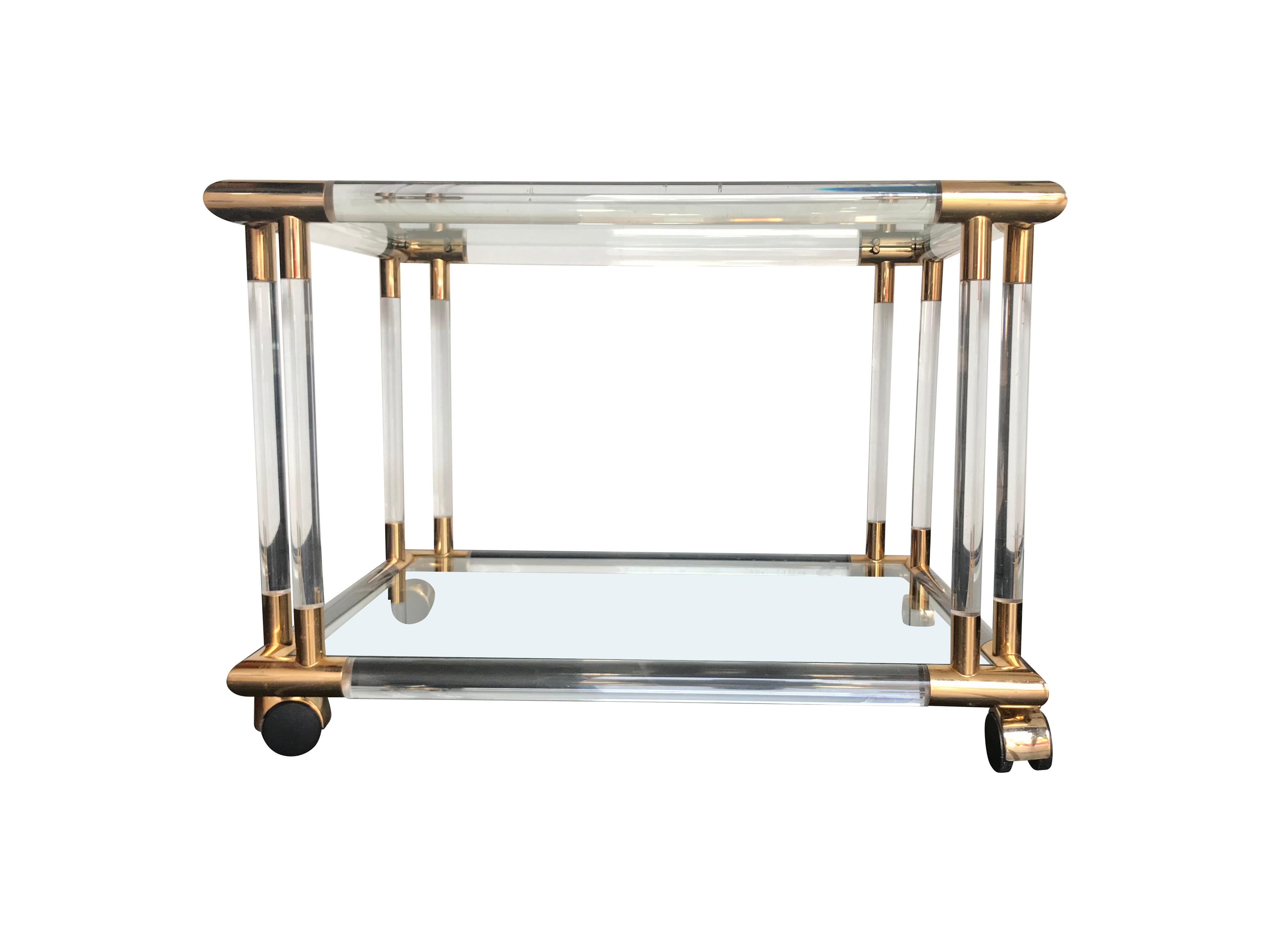 French Art Deco Style Lucite and Brass Bar Trolley / Side Table on Castors For Sale