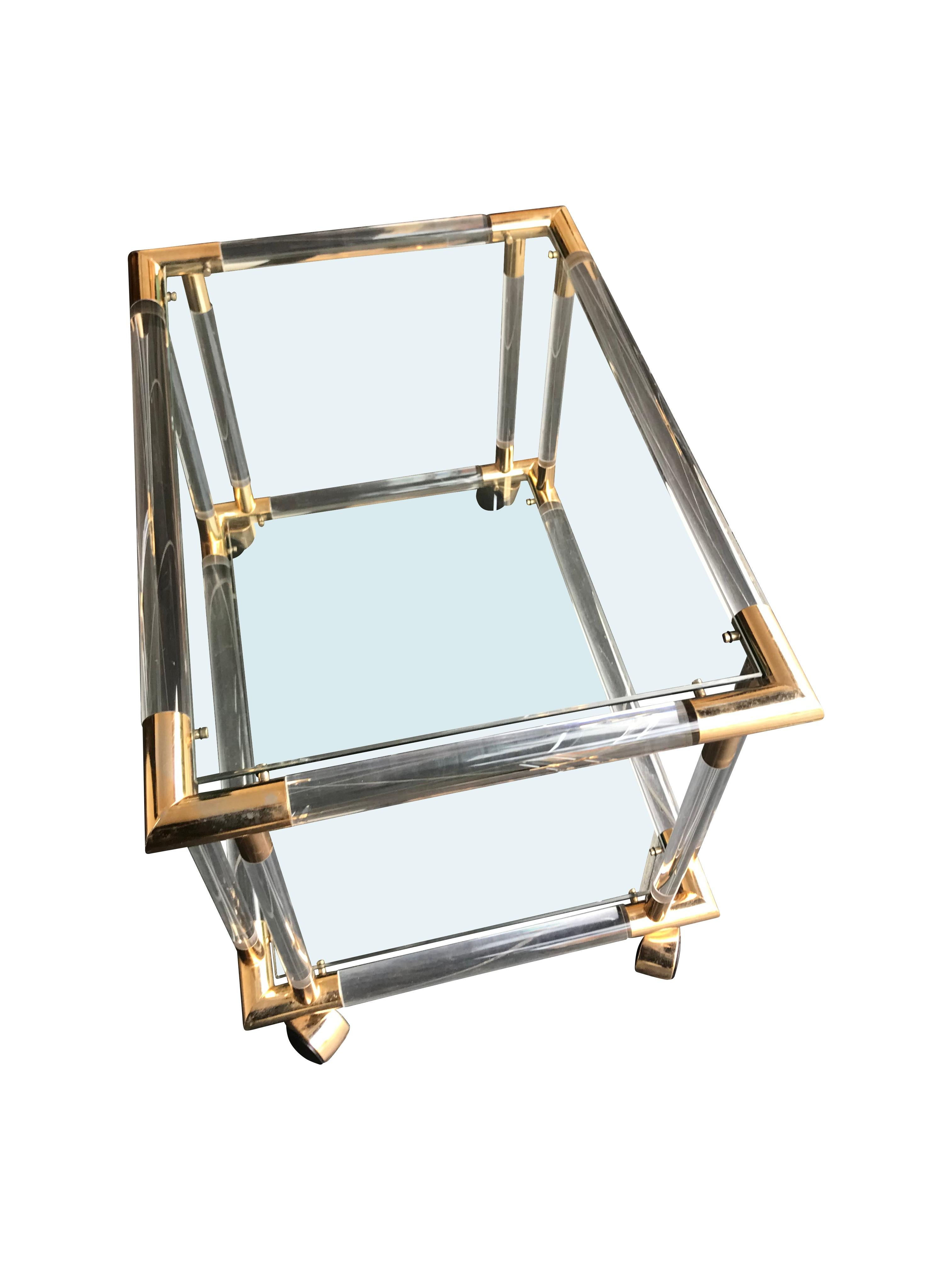 Art Deco Style Lucite and Brass Bar Trolley / Side Table on Castors In Good Condition For Sale In London, GB