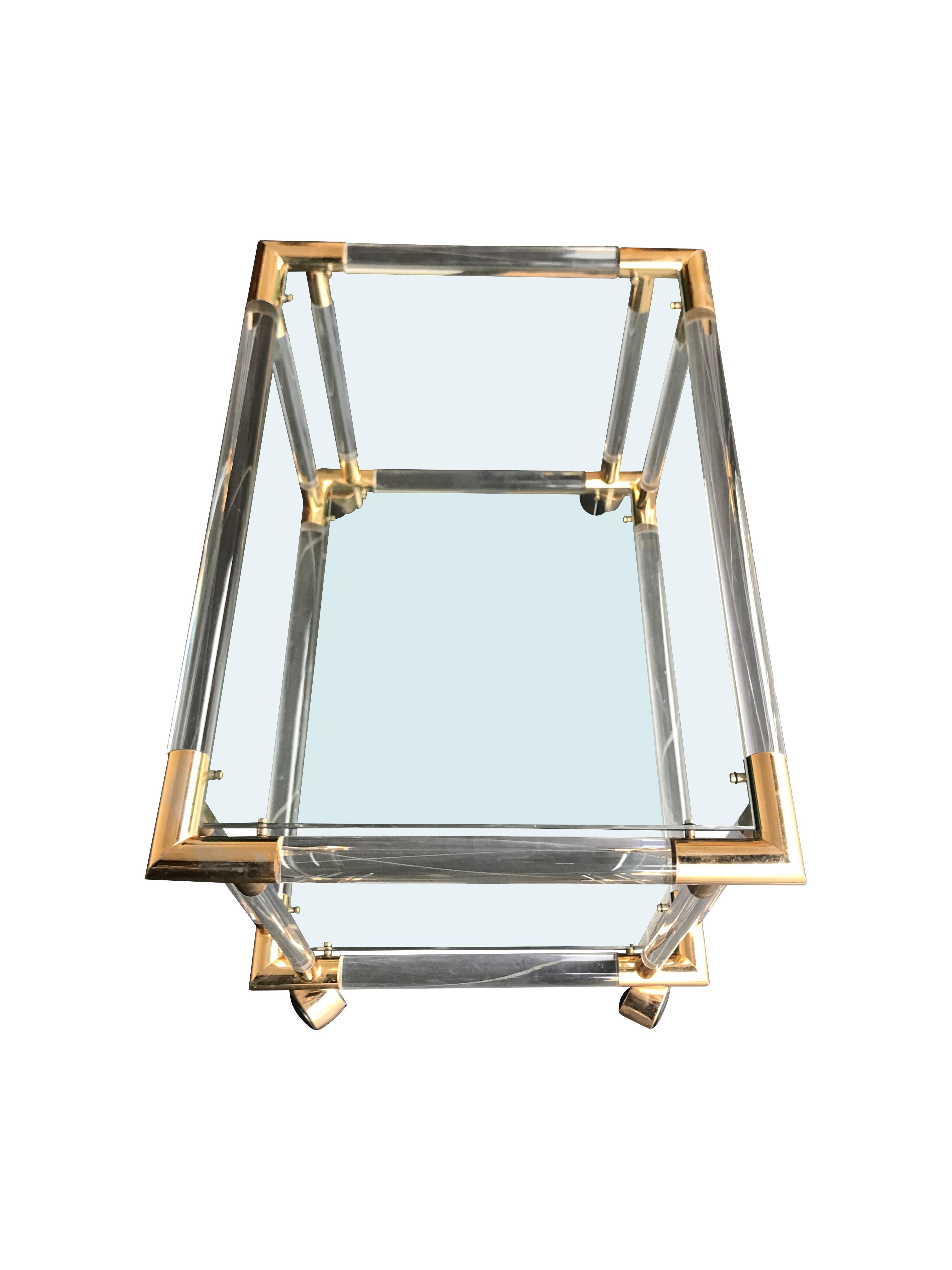 Late 20th Century Art Deco Style Lucite and Brass Bar Trolley / Side Table on Castors For Sale