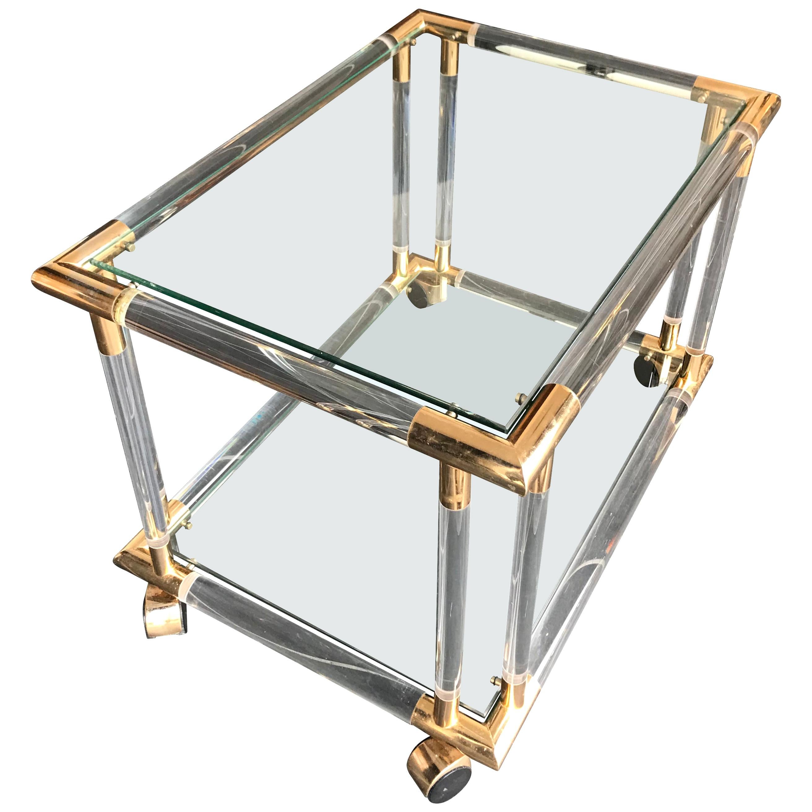 Art Deco Style Lucite and Brass Bar Trolley / Side Table on Castors For Sale