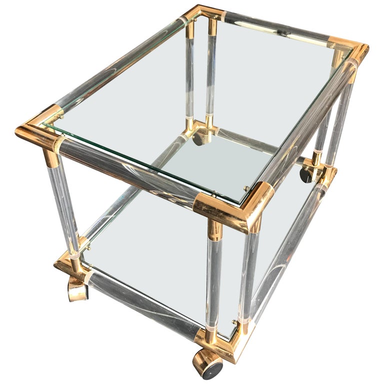 Art Deco Style Lucite and Brass Bar Trolley / Side Table on Castors For