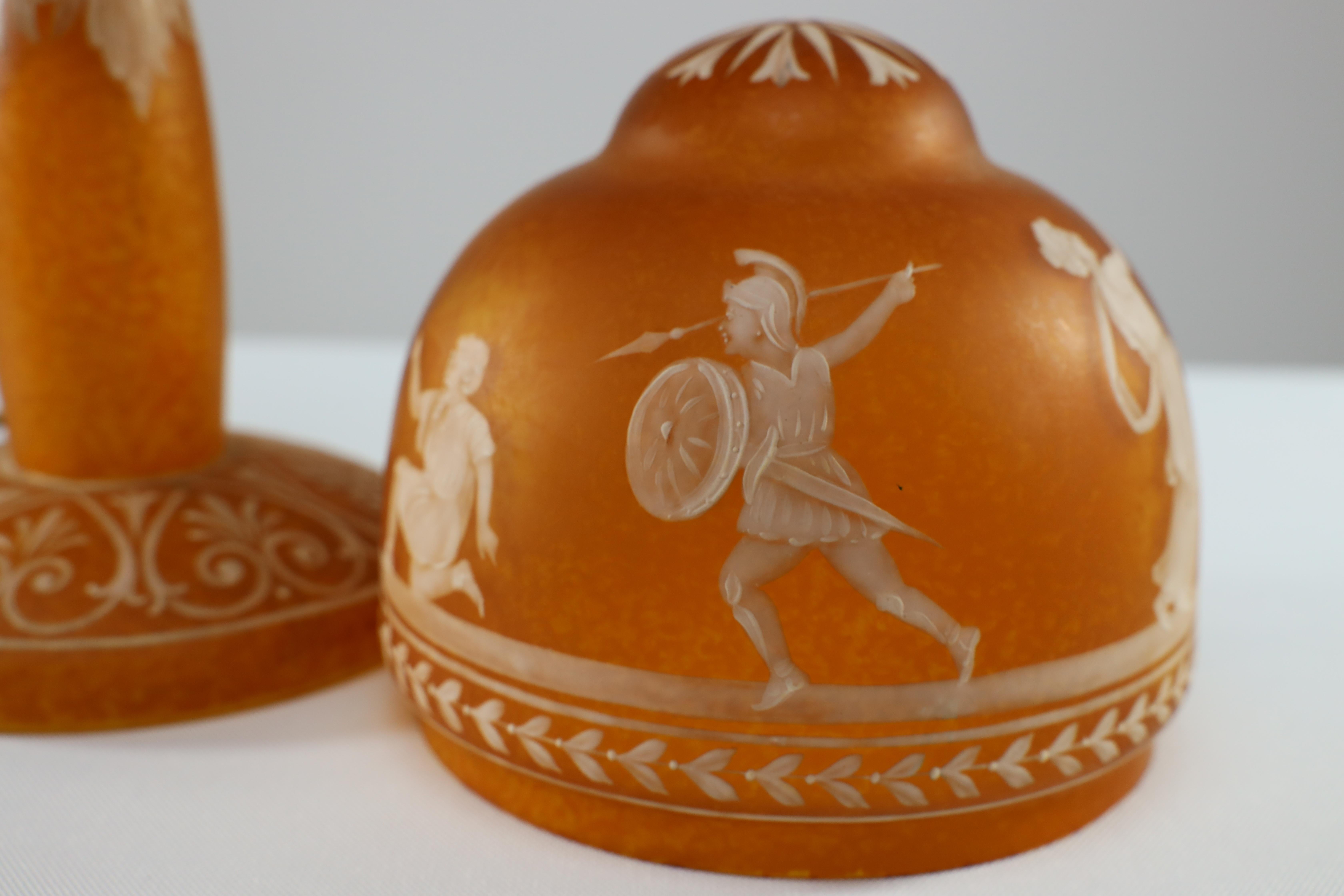 An Art Deco style mottled orange hand painted Cameo Glass style table lamp 5