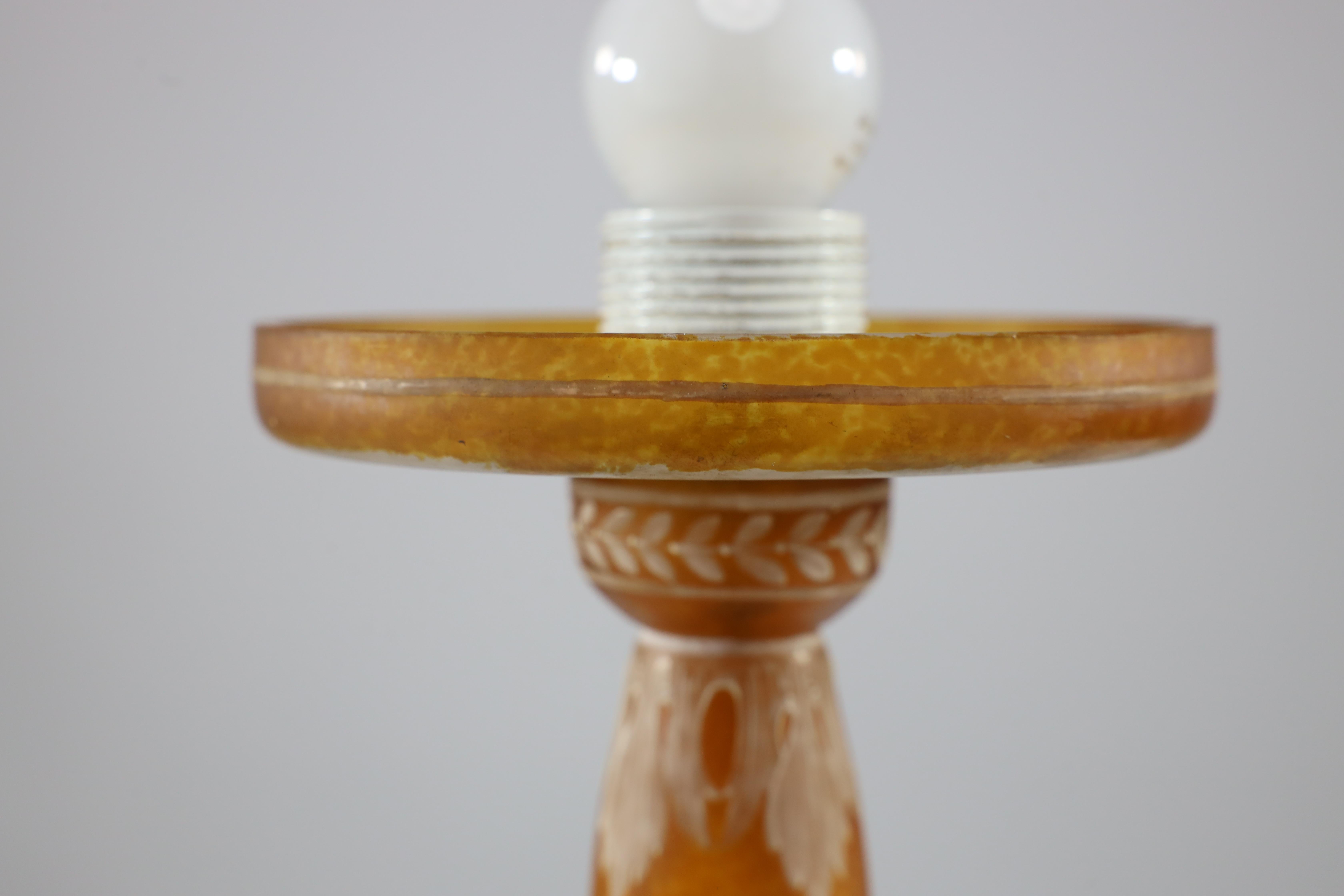 An Art Deco style mottled orange hand painted Cameo Glass style table lamp 12