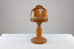 An Art Deco style mottled orange hand painted Cameo Glass style table lamp