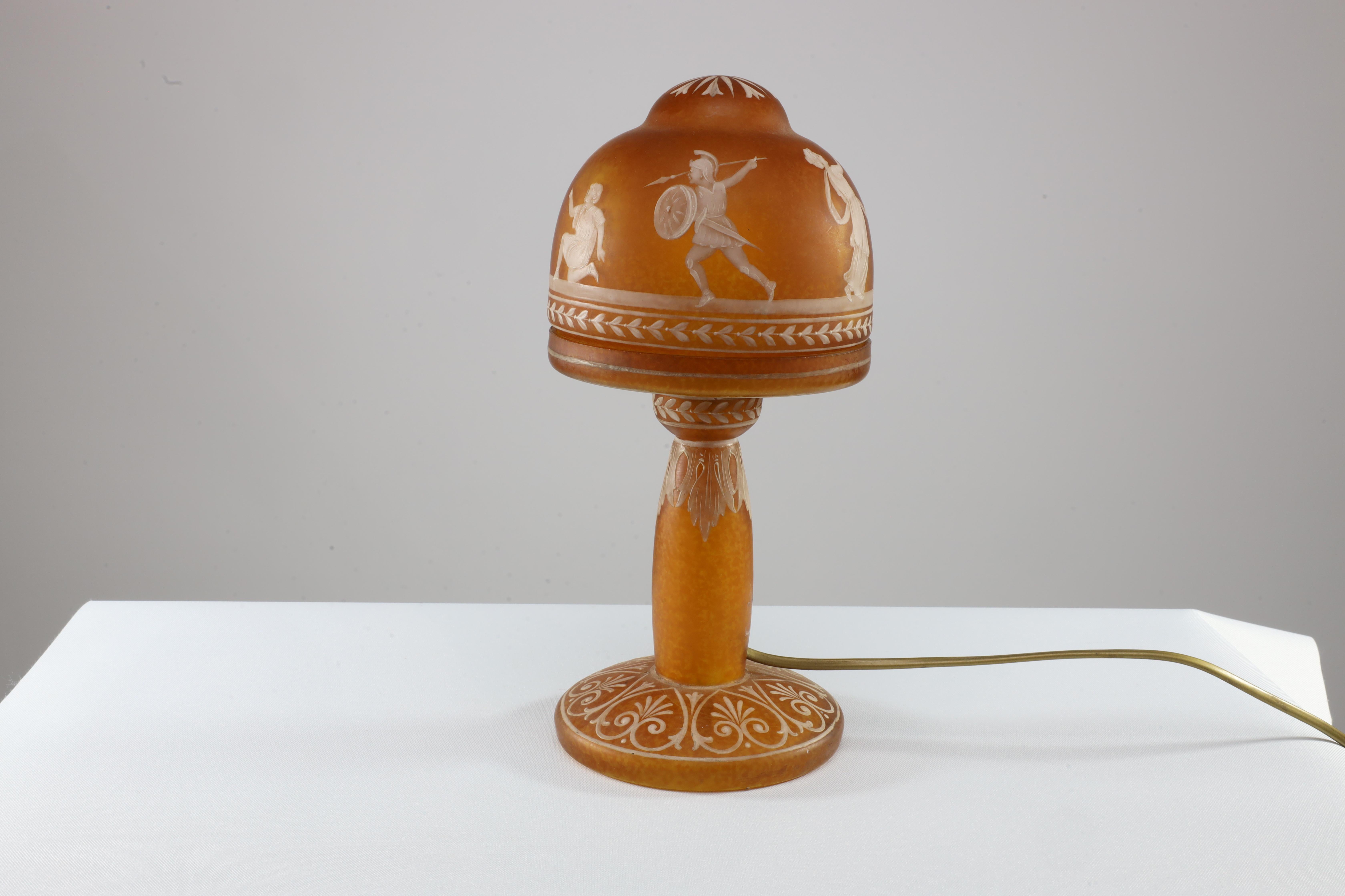English An Art Deco style mottled orange hand painted Cameo Glass style table lamp
