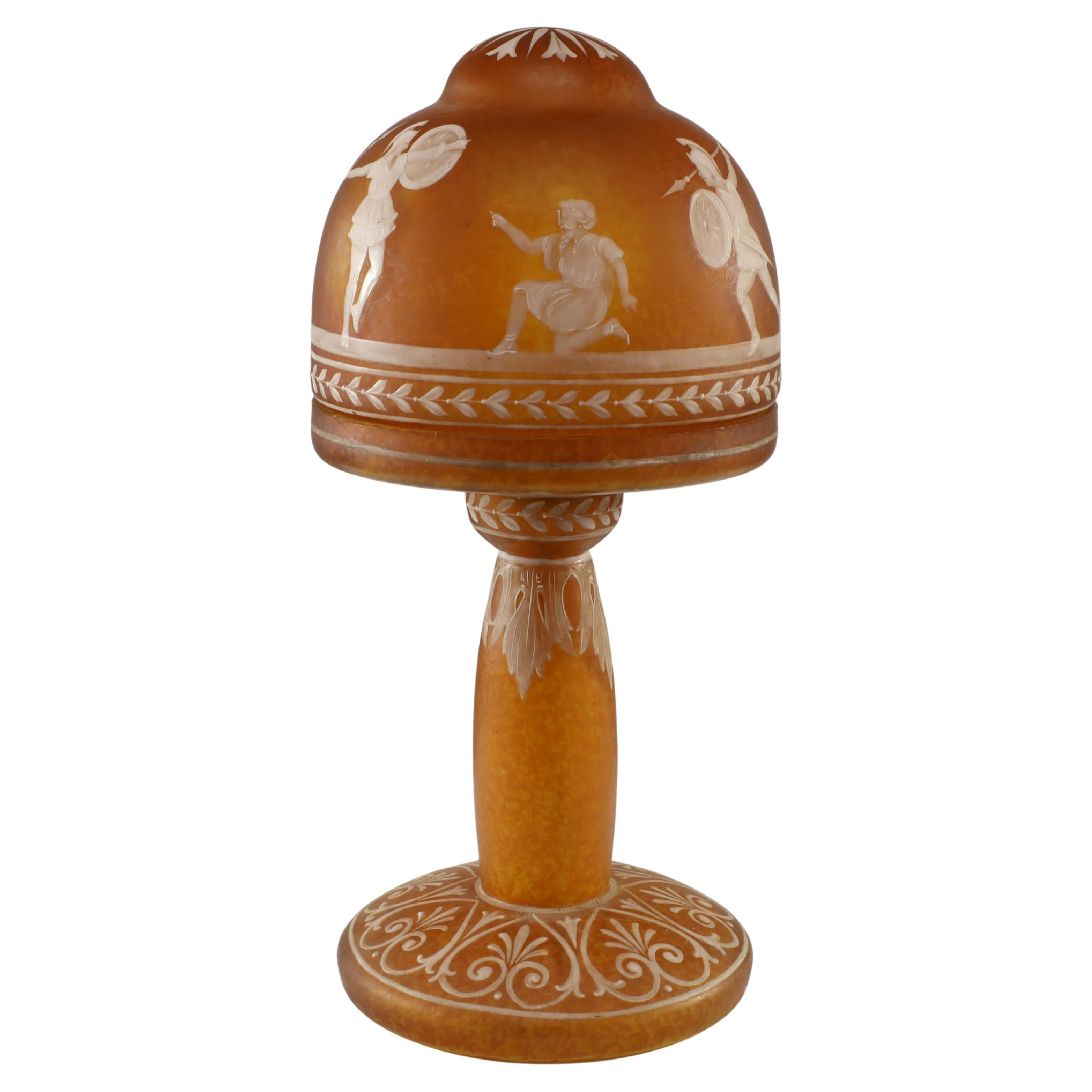 An Art Deco style mottled orange hand painted Cameo Glass style table lamp For Sale