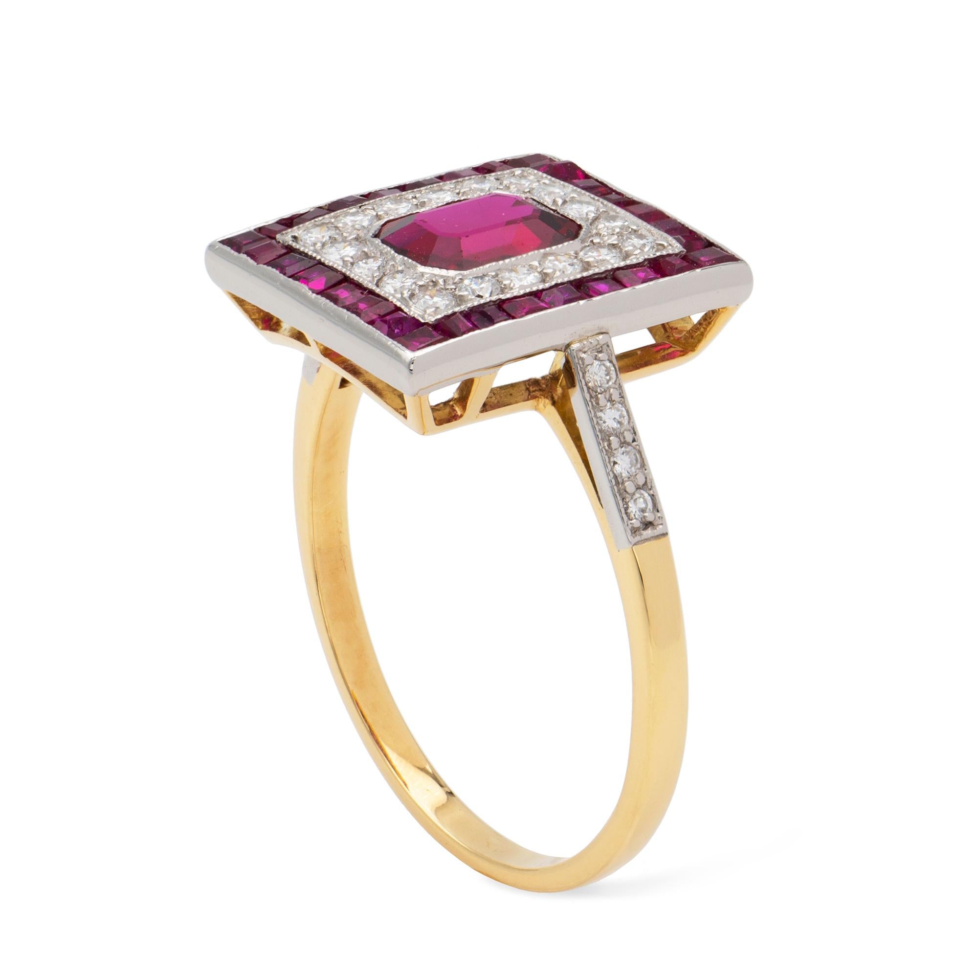 An Art Deco style ruby and diamond square cluster ring, the central octagonal-cut ruby estimated to weigh 0.6 carats, surrounded by eighteen round brilliant-cut diamonds estimated to weigh a total of 0.15 carats, all within a border of calibre-cut