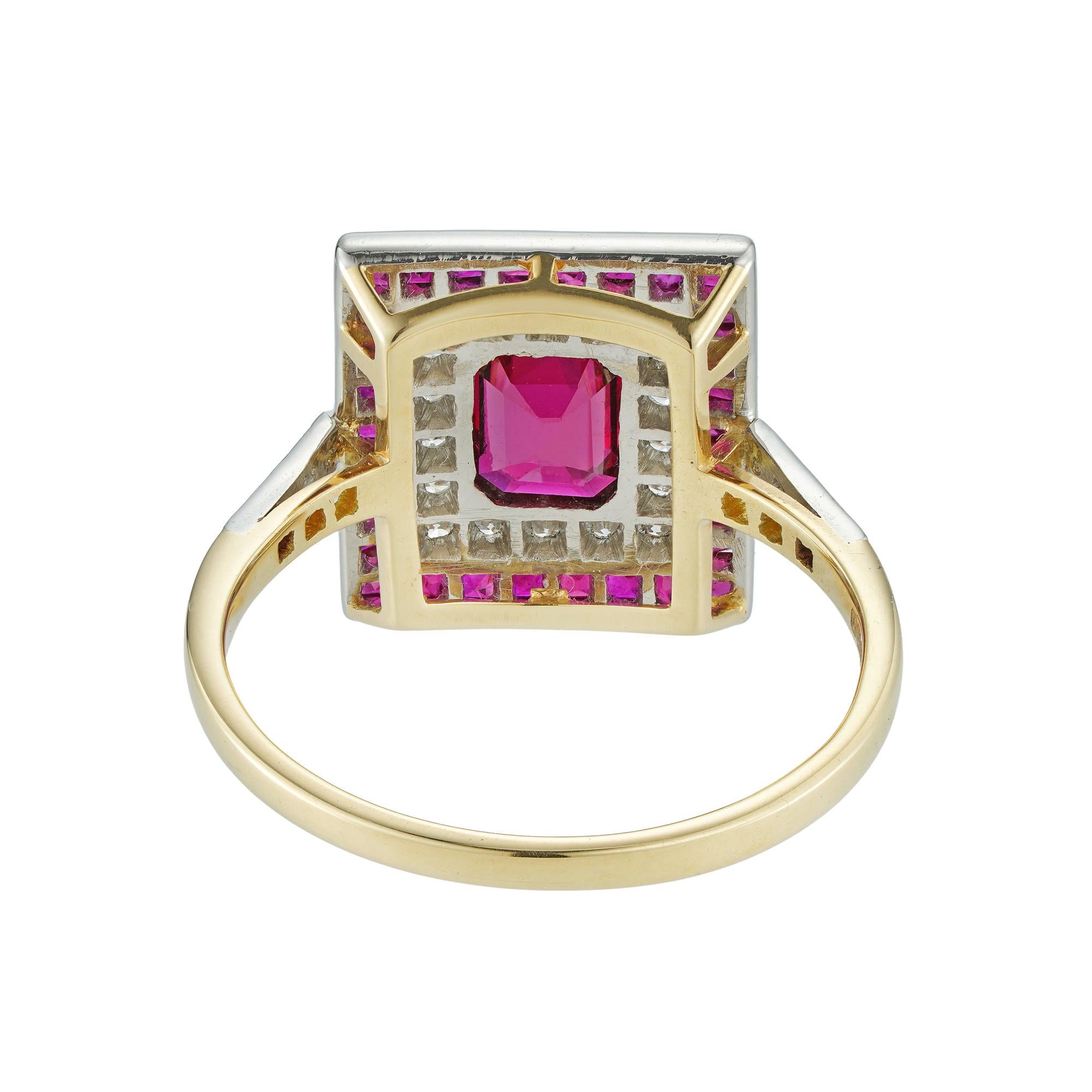 Art Deco Style Ruby and Diamond Square Cluster Ring In Good Condition For Sale In London, GB