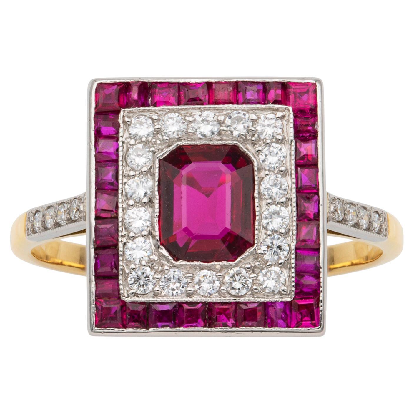 Art Deco Style Ruby and Diamond Square Cluster Ring For Sale