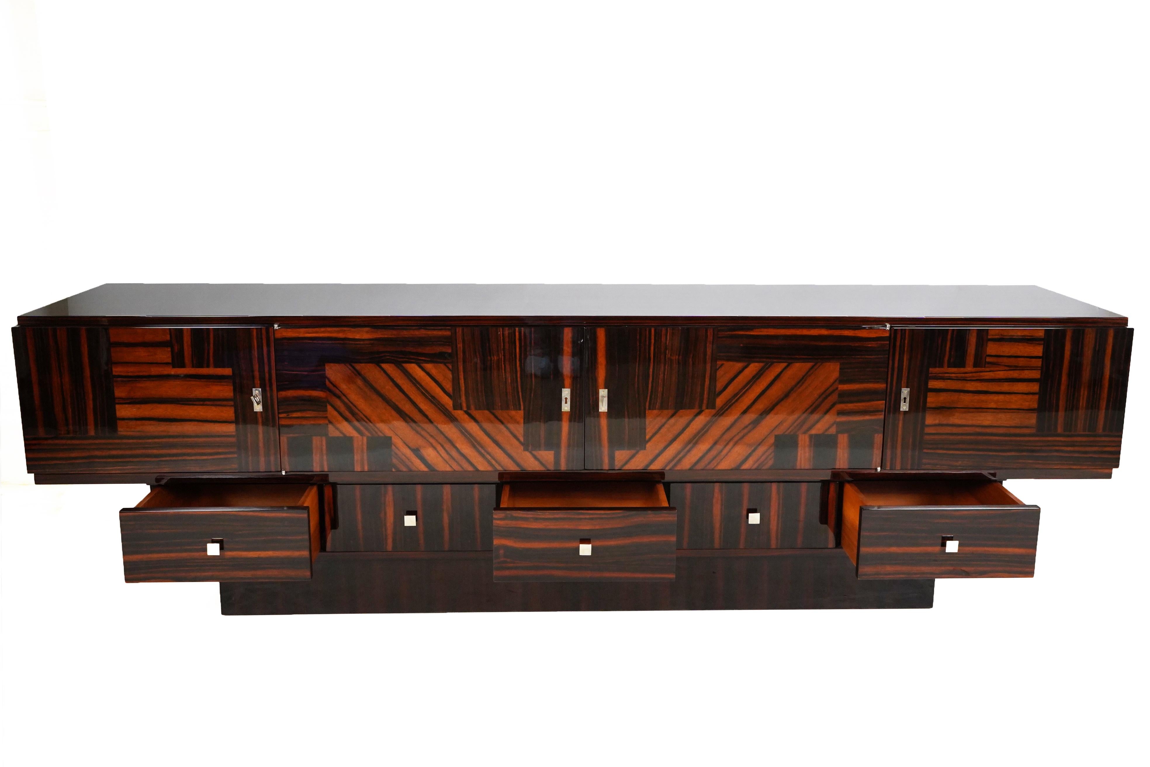 Mid-Century Modern Art Deco Style Sideboard in Makassar Wood with Four Doors