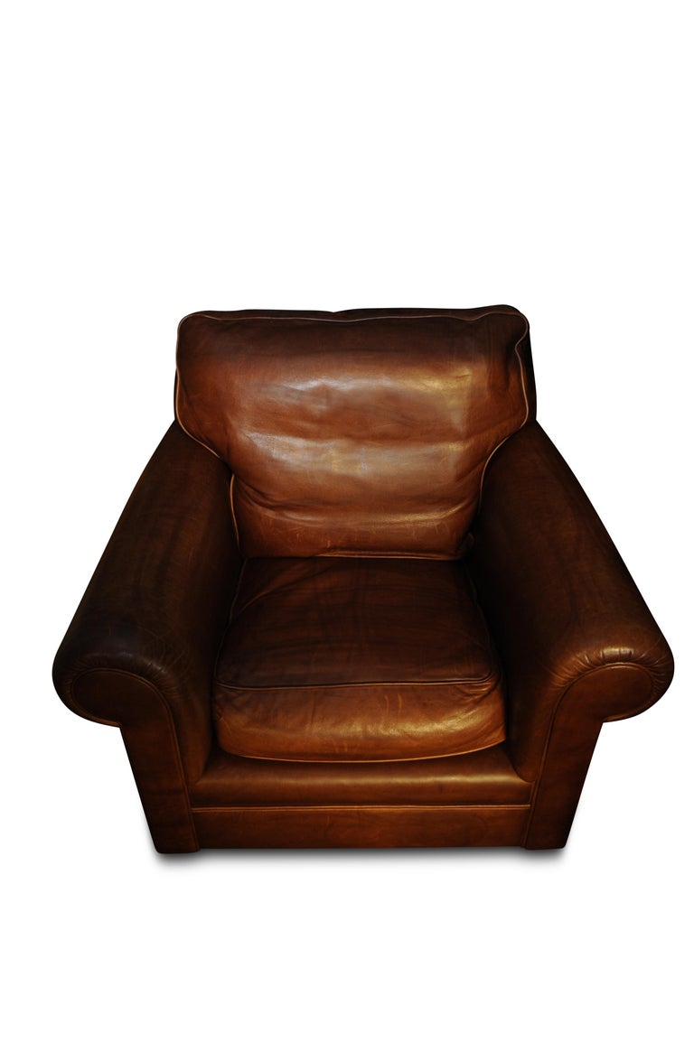 Art Deco Style Tan Leather Club Chair On Turned Mahogany Bun Feet Art Deco Style Tan Leather Club Chair On Turned Mahogany Bun Feet