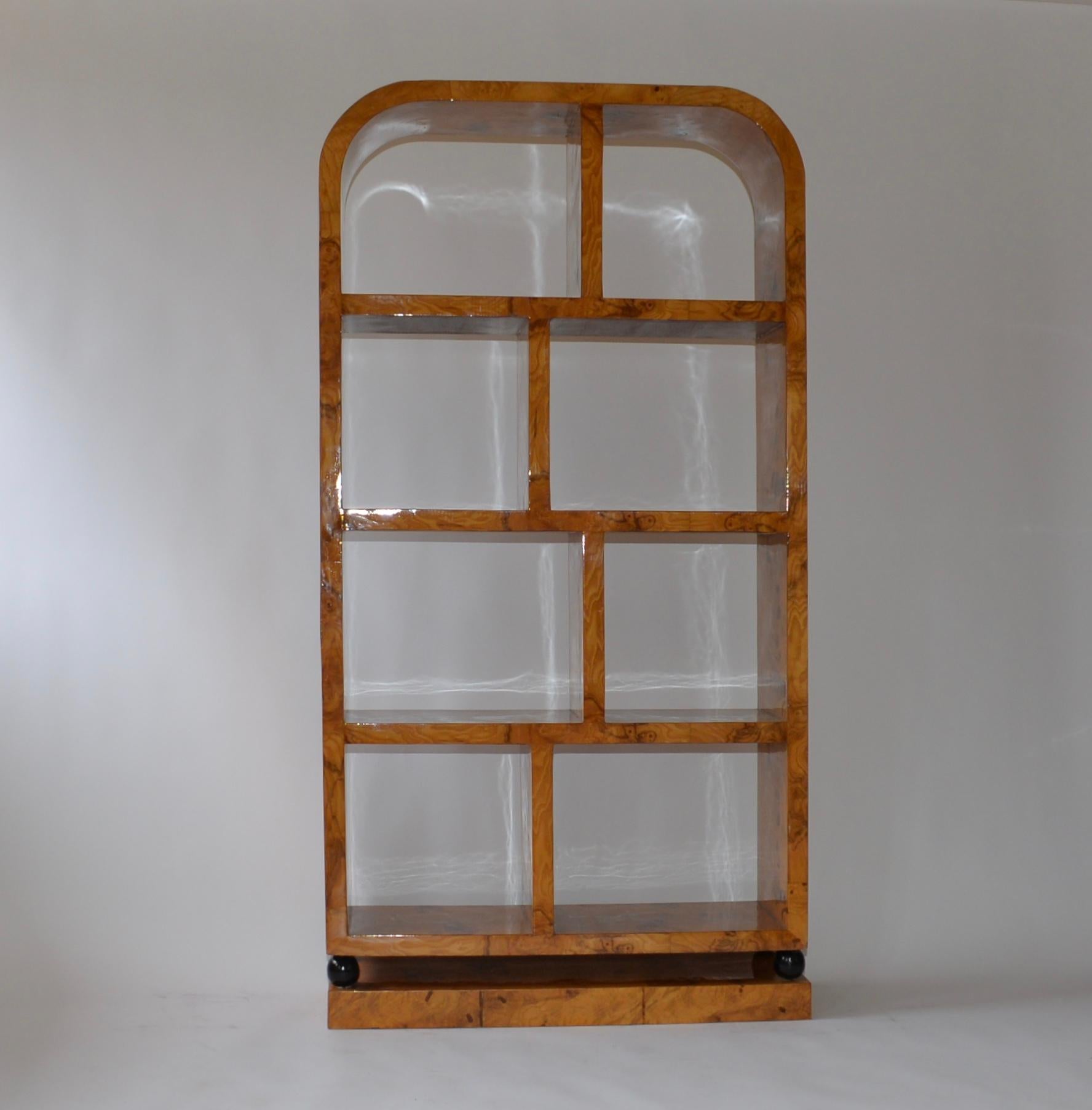 Italian Art Deco Style Walnut Veneer Shelving Unit
