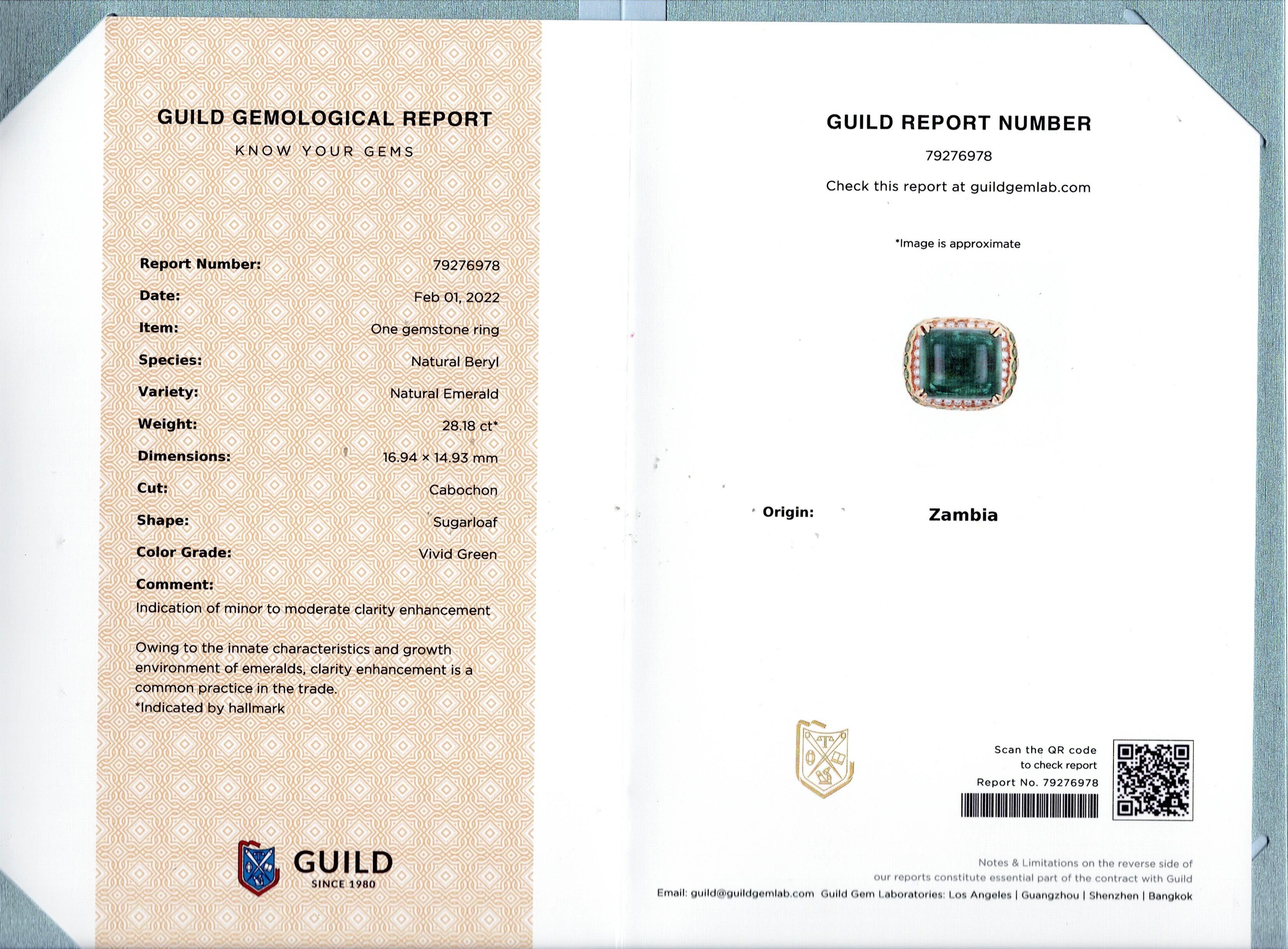 Bague Art Déco en émeraude Sugarloaf de 28,18 carats, certifiée par Guild en vente 2