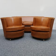 Art Deco Three Piece Brown Leather and Birdseye Maple Club Suite, Circa 1930