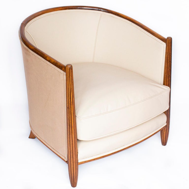 Art Deco Tub Chair in Beechwood and Reupholstered Cream Suede and