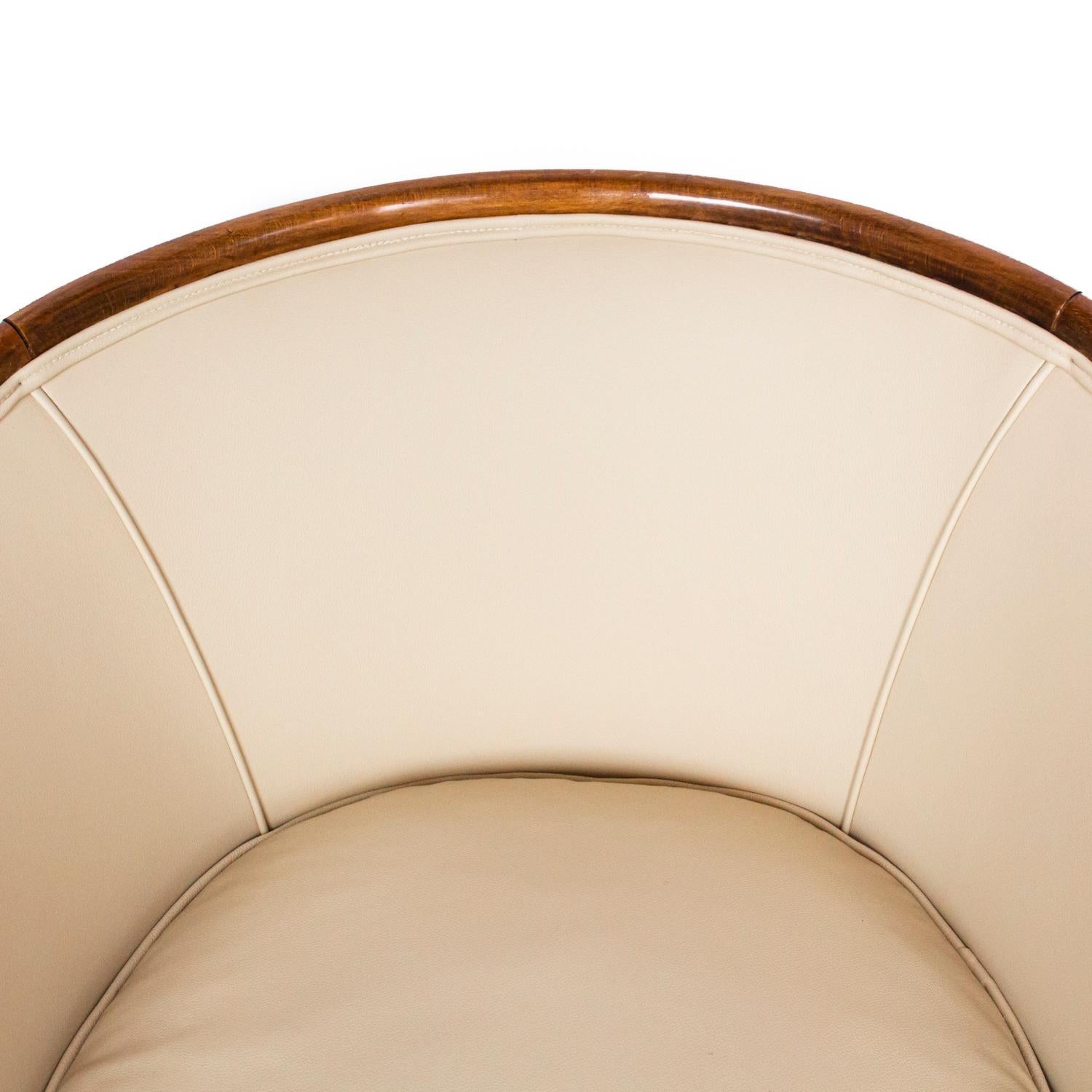 Mid-20th Century Art Deco Tub Chair in Beechwood and Reupholstered Cream Suede and Leather