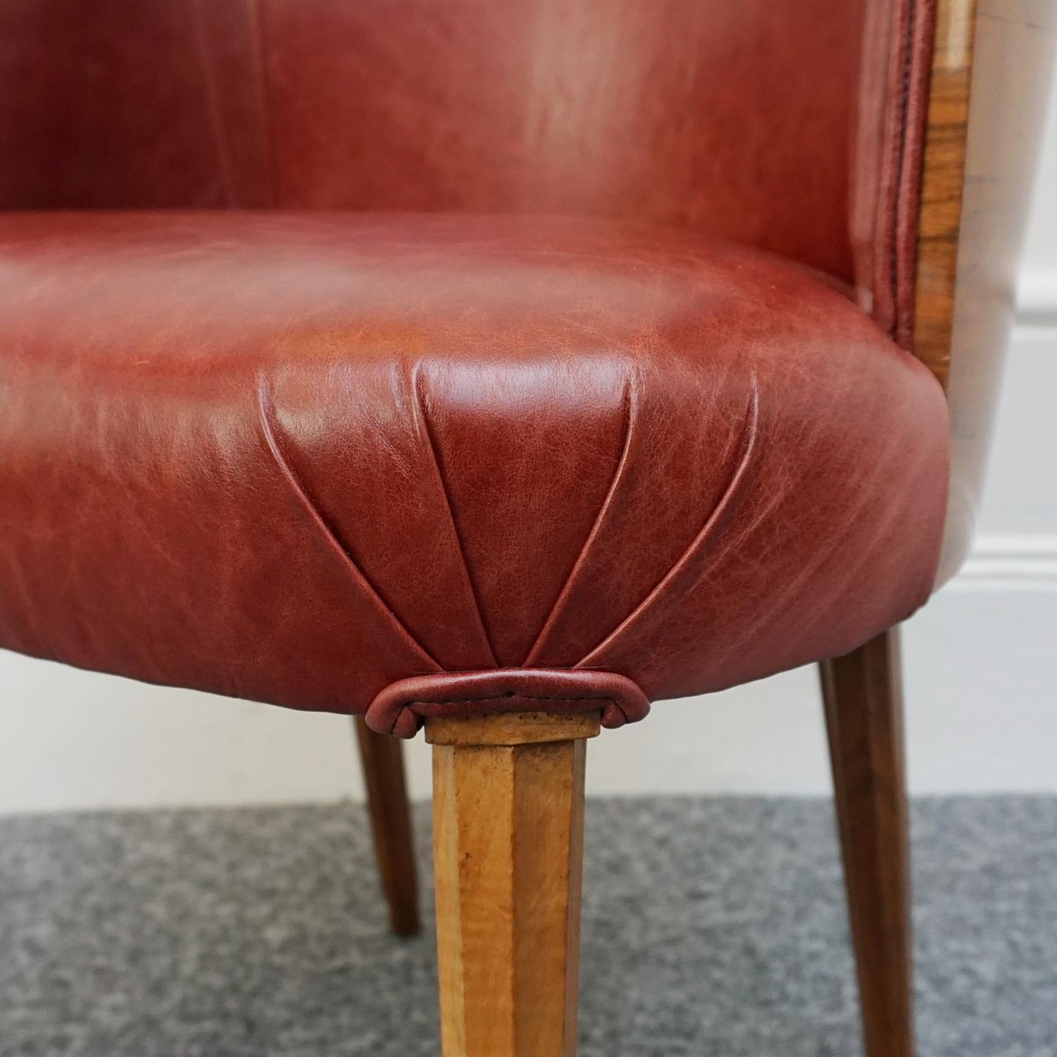 English Art Deco Tub/ Desk Chair Reupholstered in Red Leather