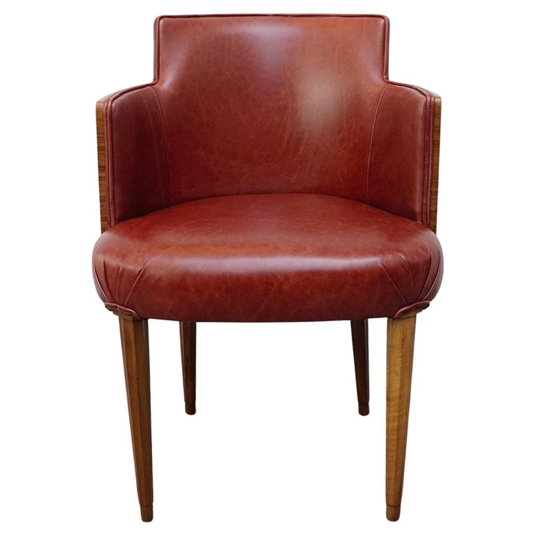 An Art Deco Tub/ Desk Chair Reupholstered in Red Leather For Sale at