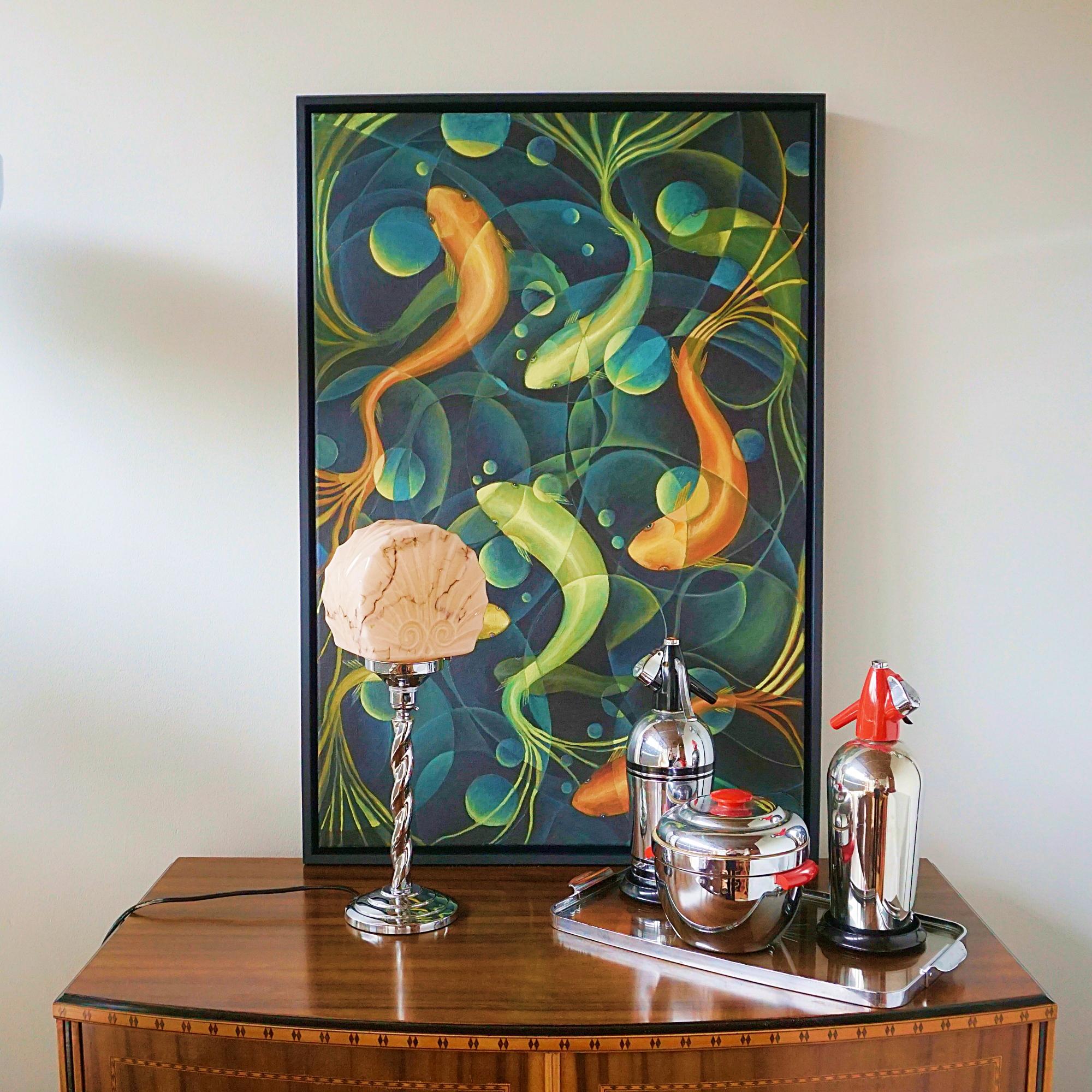 An Art Deco Twisted Chromed Metal and Marbled Glass Table Lamp For Sale 2