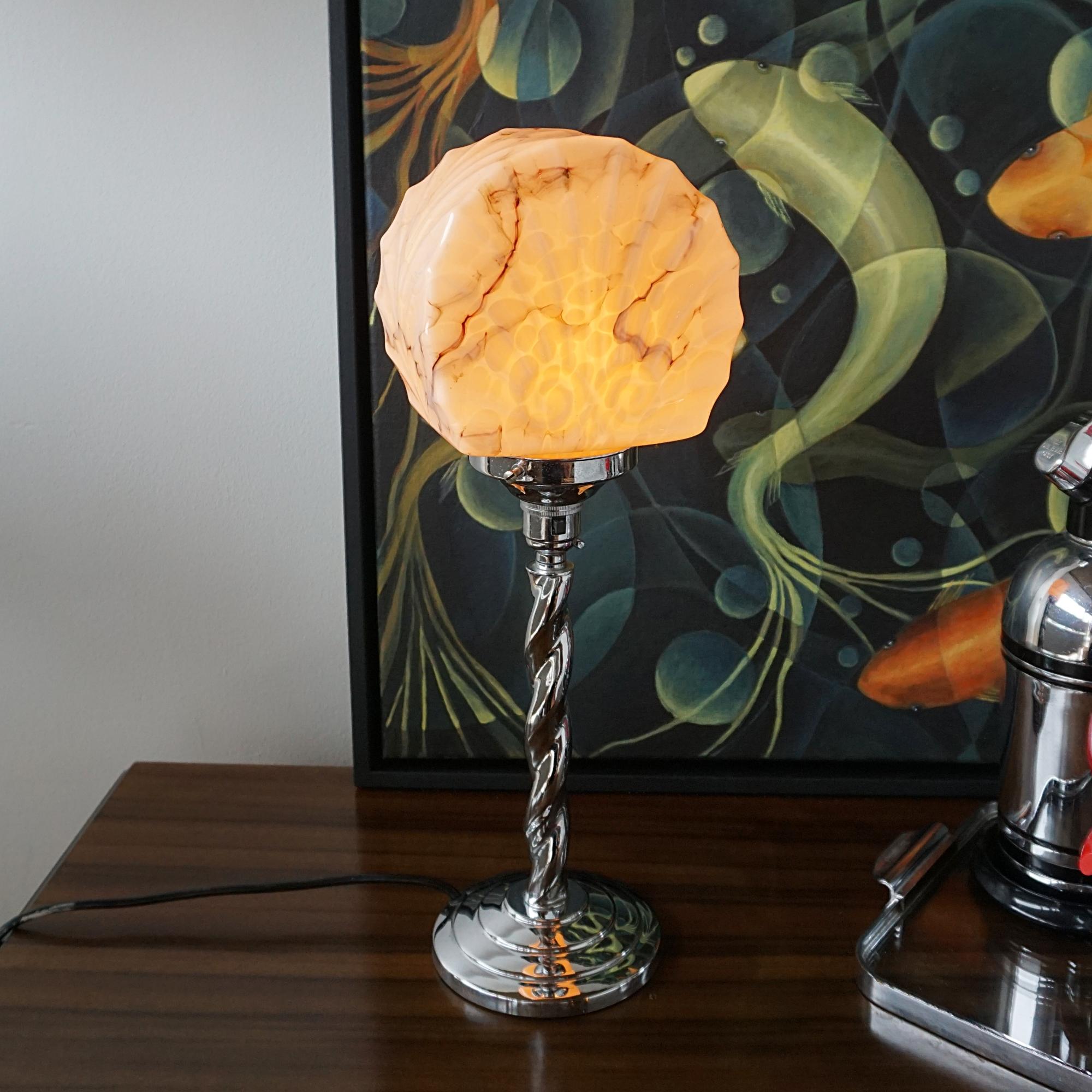An Art Deco Twisted Chromed Metal and Marbled Glass Table Lamp For Sale 3